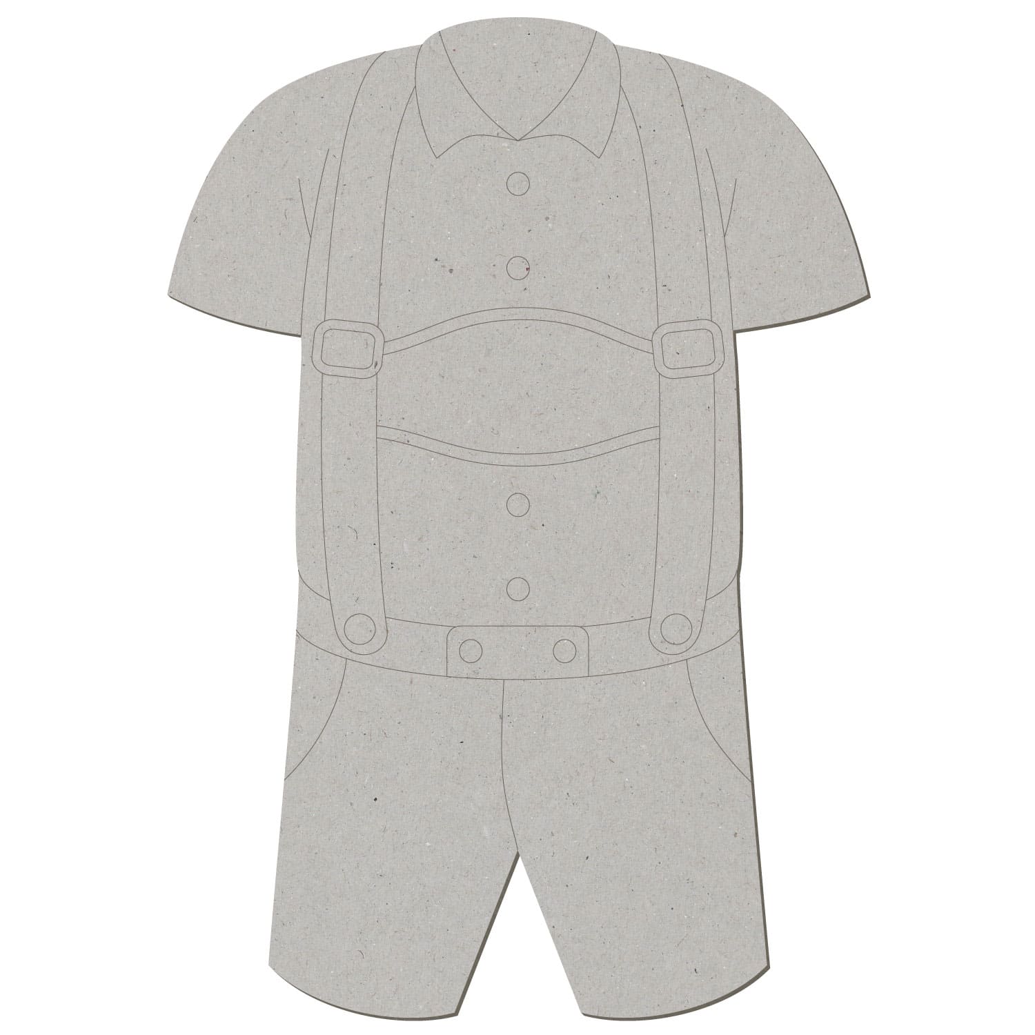 Grauer Pappe-Zuschnitt in Form einer Lederhose mit Hemd, Hosenträgern mit Schnallen und Knöpfen, freigestellt auf weißem Hintergrund