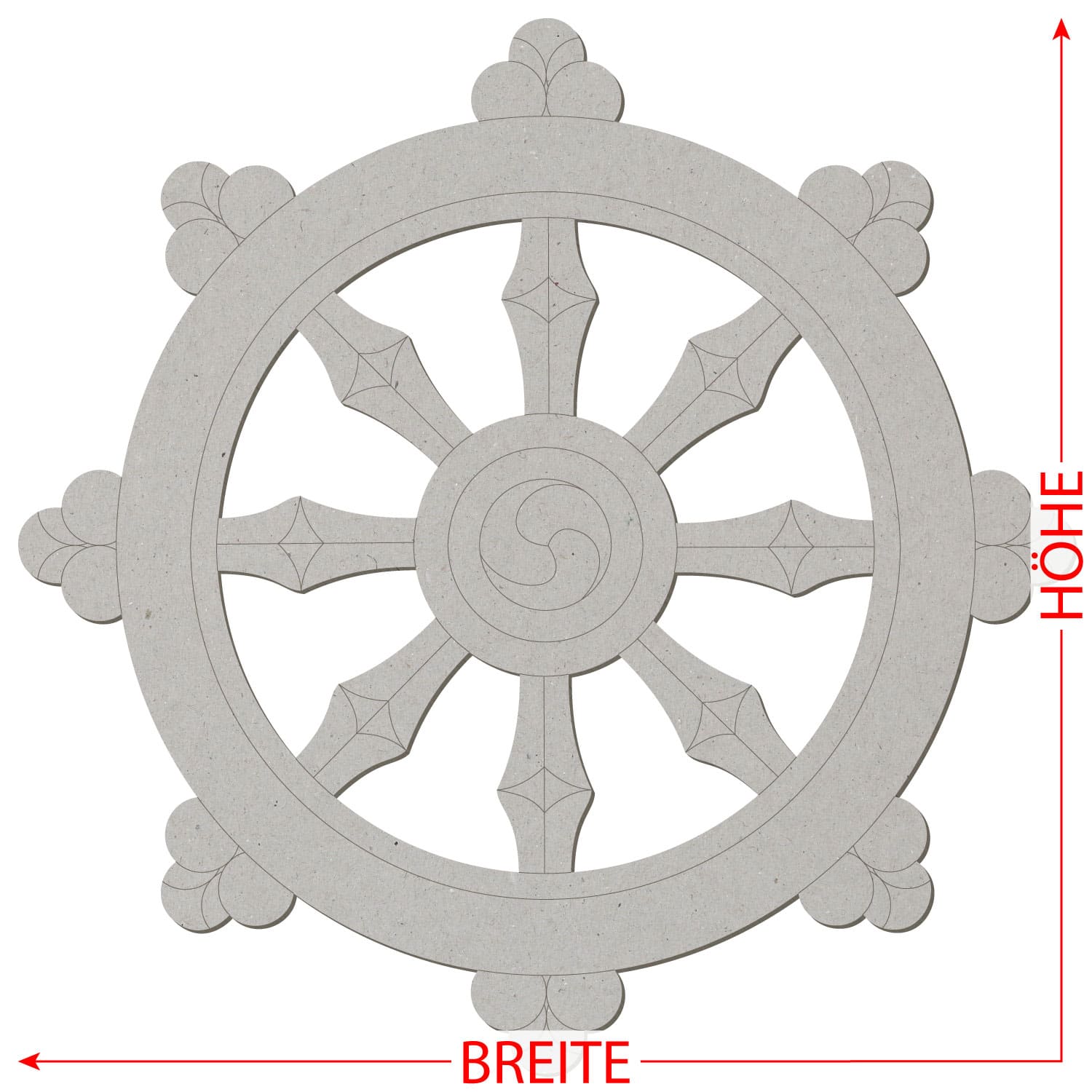 Dharma Rad V2 als grauer Pappe-Zuschnitt mit acht Speichen, zentraler Spirale und verzierten Außenenden, mit roten Maßpfeilen für Breite und Höhe