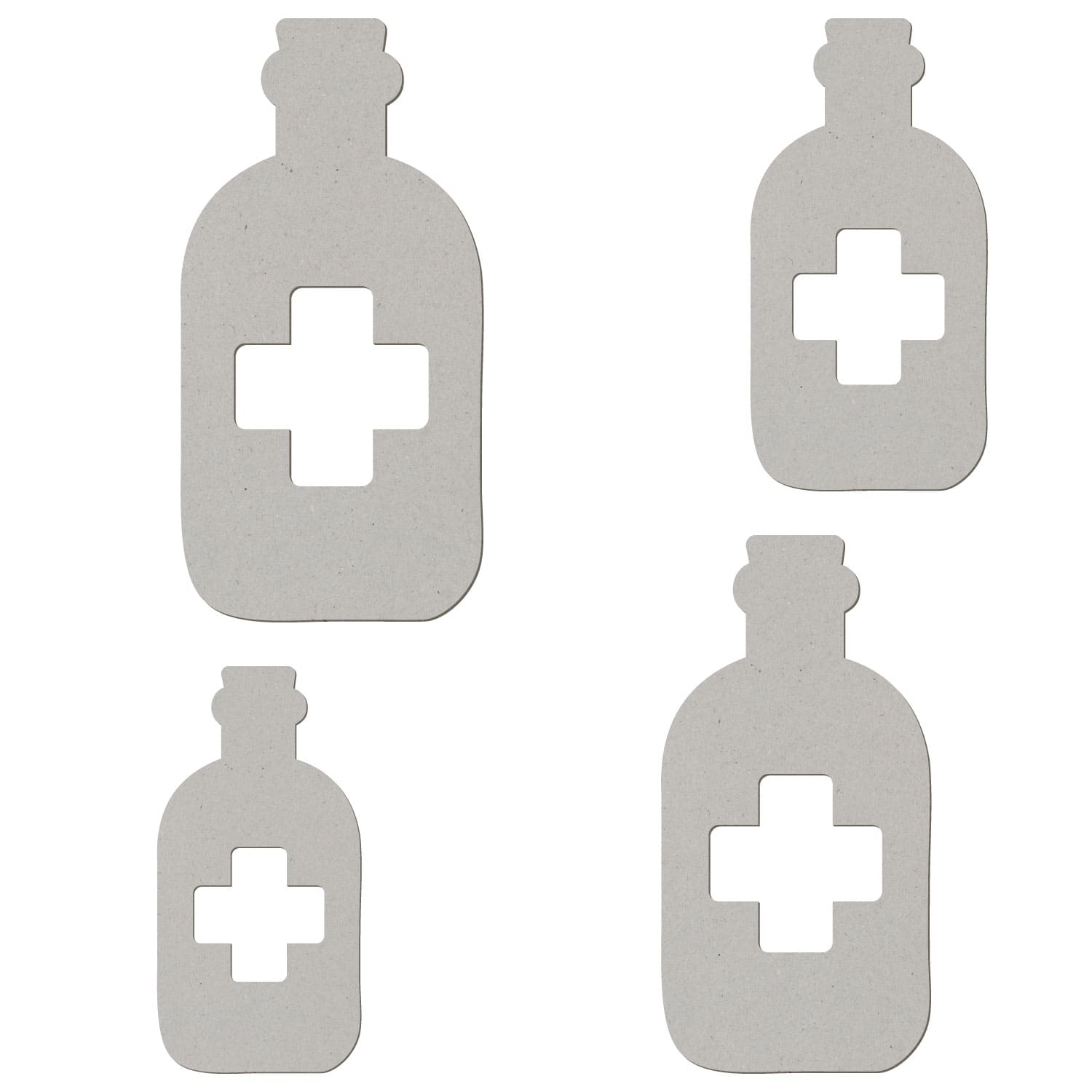 Vier Pappzuschnitte in Form einer Arzneiflasche mit ausgestanztem Kreuz-Symbol, in verschiedenen Größen, auf weißem Hintergrund
