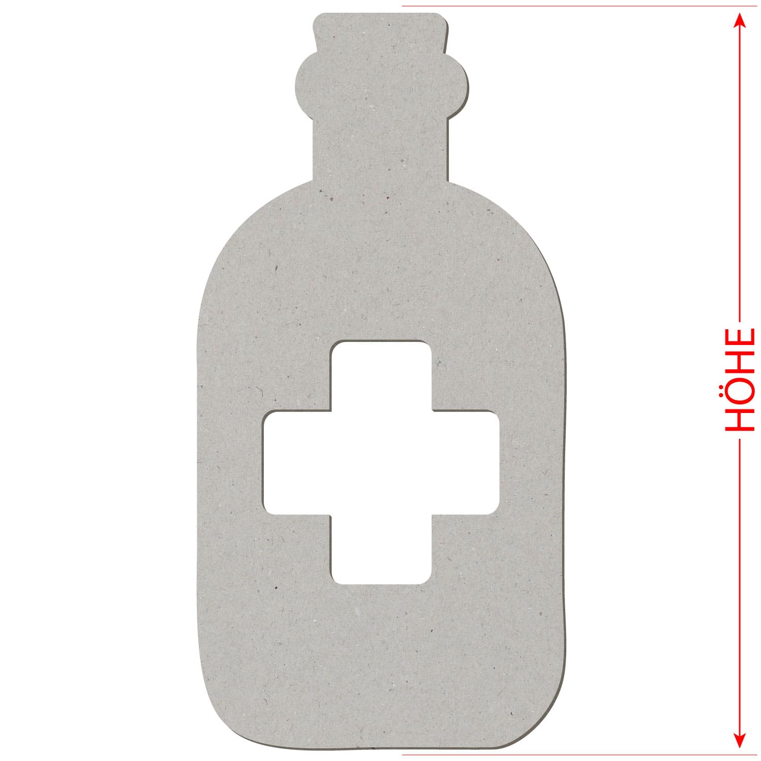 Grauer Pappe-Zuschnitt in Form einer Arzneiflasche mit ausgestanztem Kreuz-Symbol in der Mitte, roter Doppelpfeil mit Beschriftung „HÖHE" zeigt die Gesamthöhe des Zuschnitts an