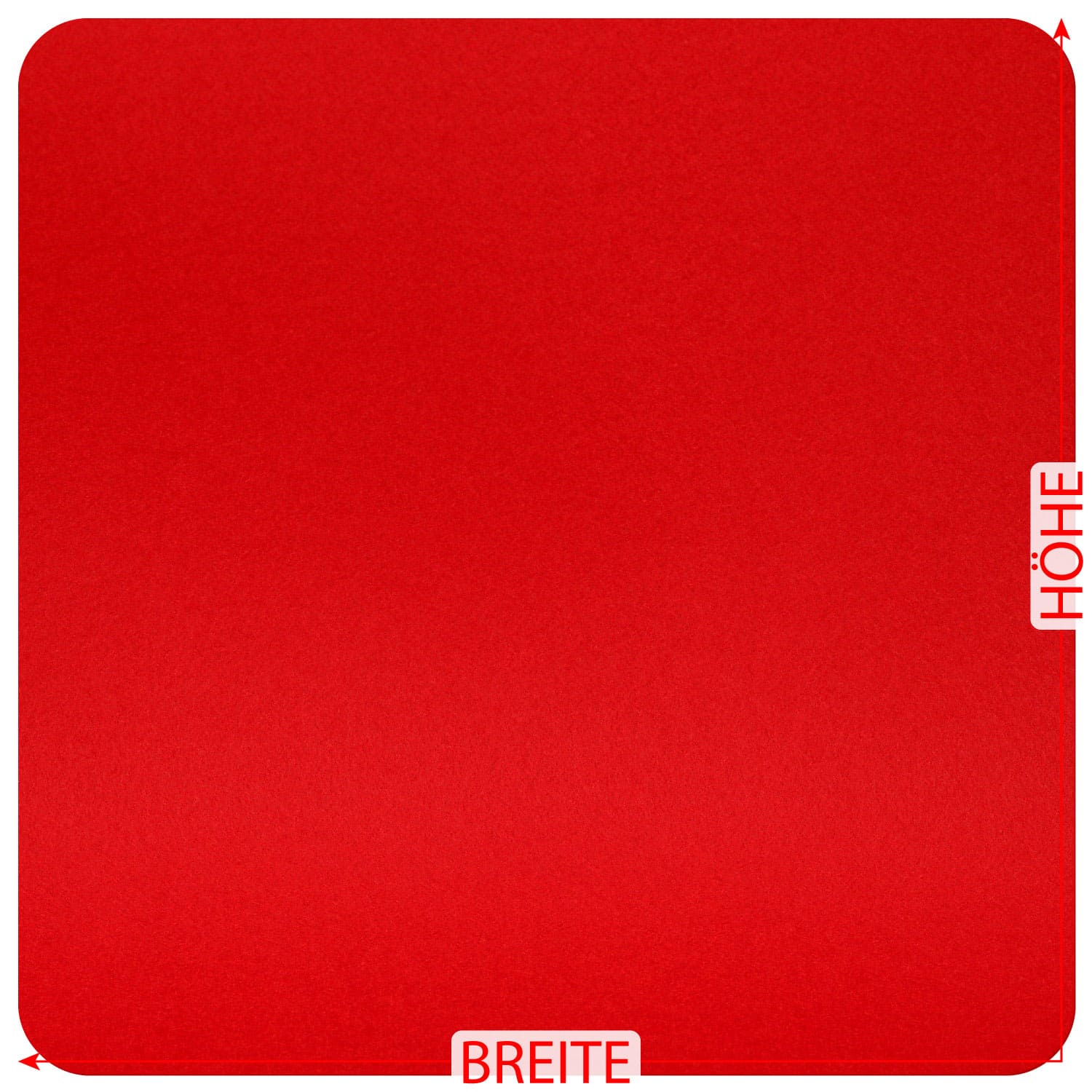 Rotes quadratisches Filztuch mit abgerundeten Ecken, Maßangaben für Breite und Höhe eingeblendet