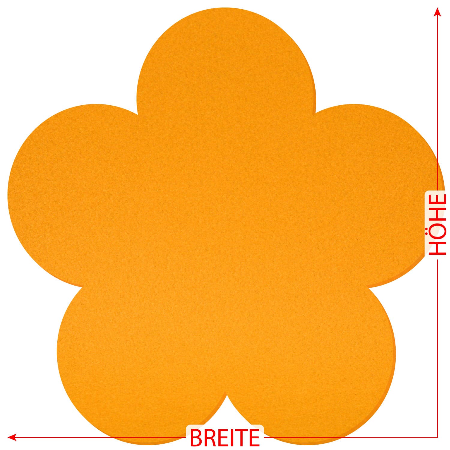 Gelbes Filztuch in Blumenform mit fünf runden Blütenblättern, mit roten Maßpfeilen für Breite und Höhe beschriftet