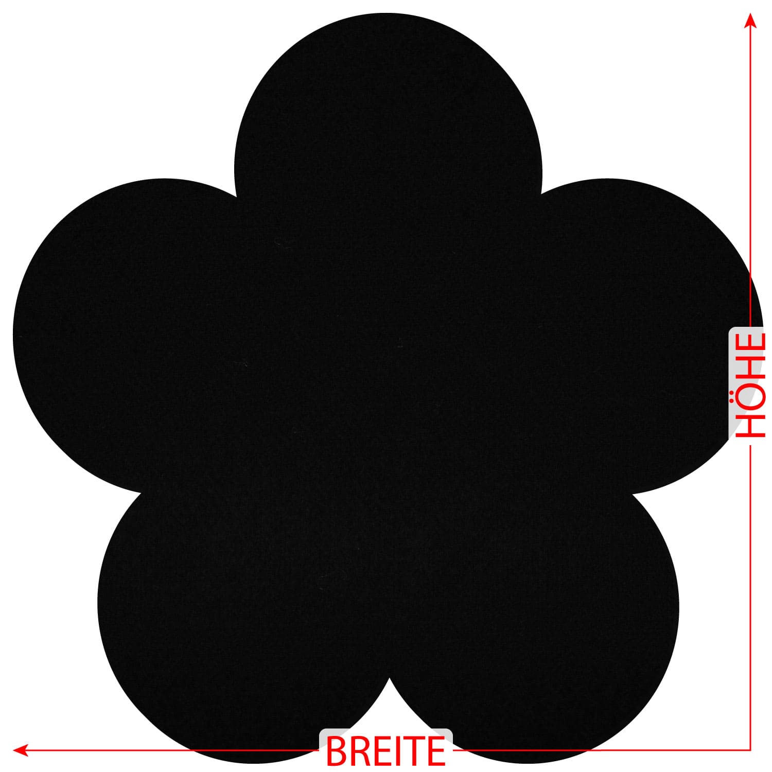 Schwarzes Filztuch in Blumenform mit fünf runden Blütenblättern, Maßpfeile zeigen Breite und Höhe des Zuschnitts