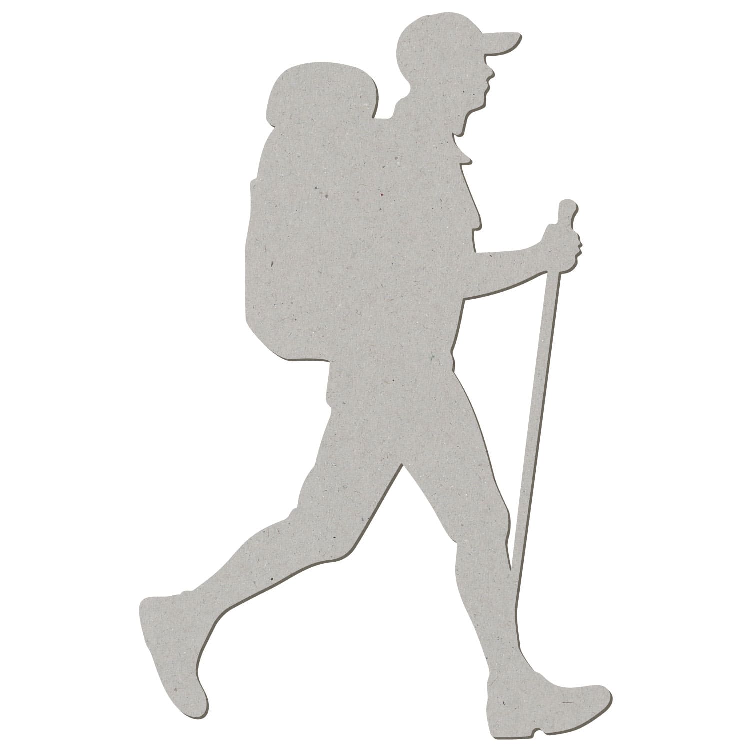 Grauer Pappe-Zuschnitt in Form einer Wanderer-Silhouette mit Rucksack, Wanderstock und Schirmmütze