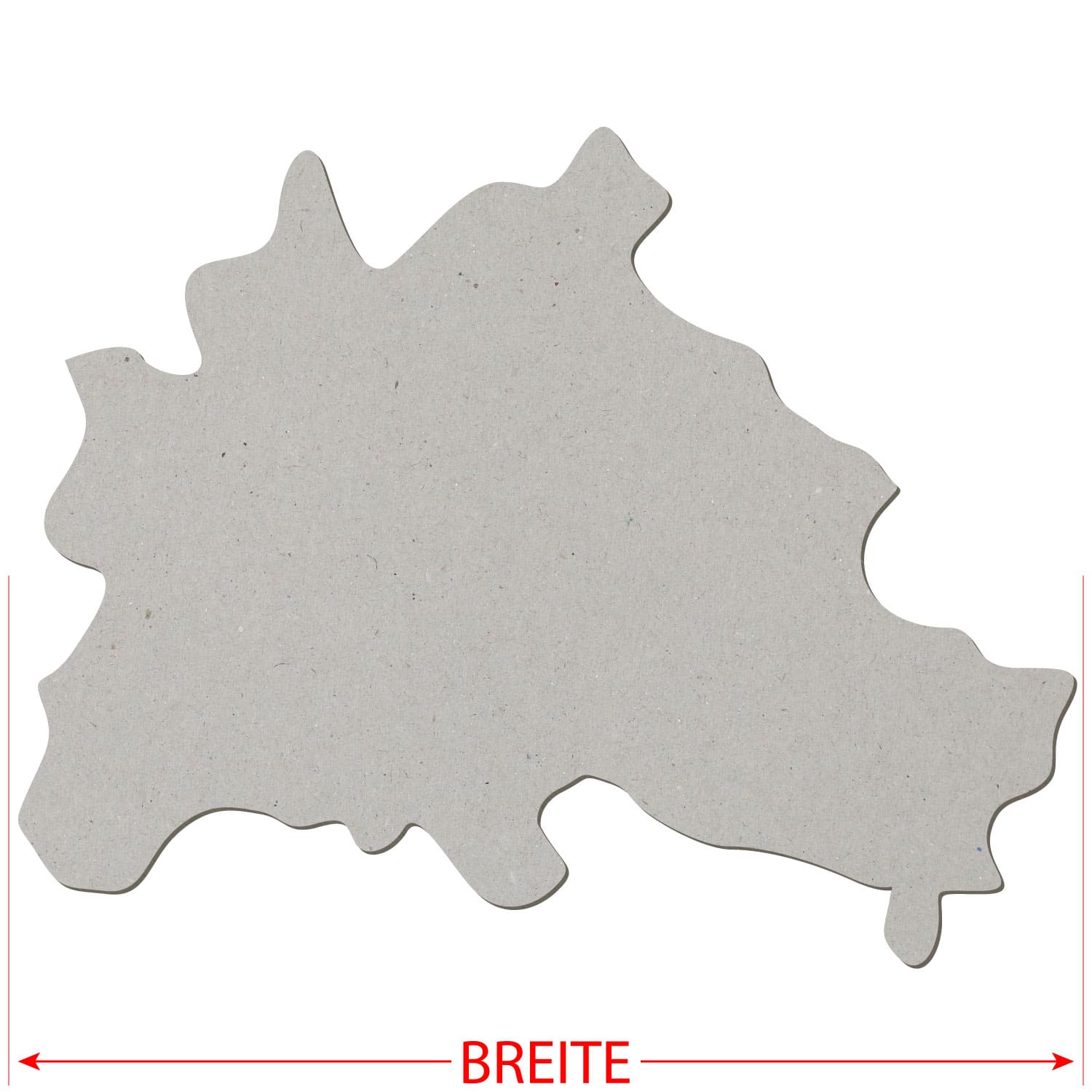 Grauer Pappe-Zuschnitt in der Form des Berliner Stadtumrisses mit rotem Breitenpfeil und Beschriftung „BREITE" unten