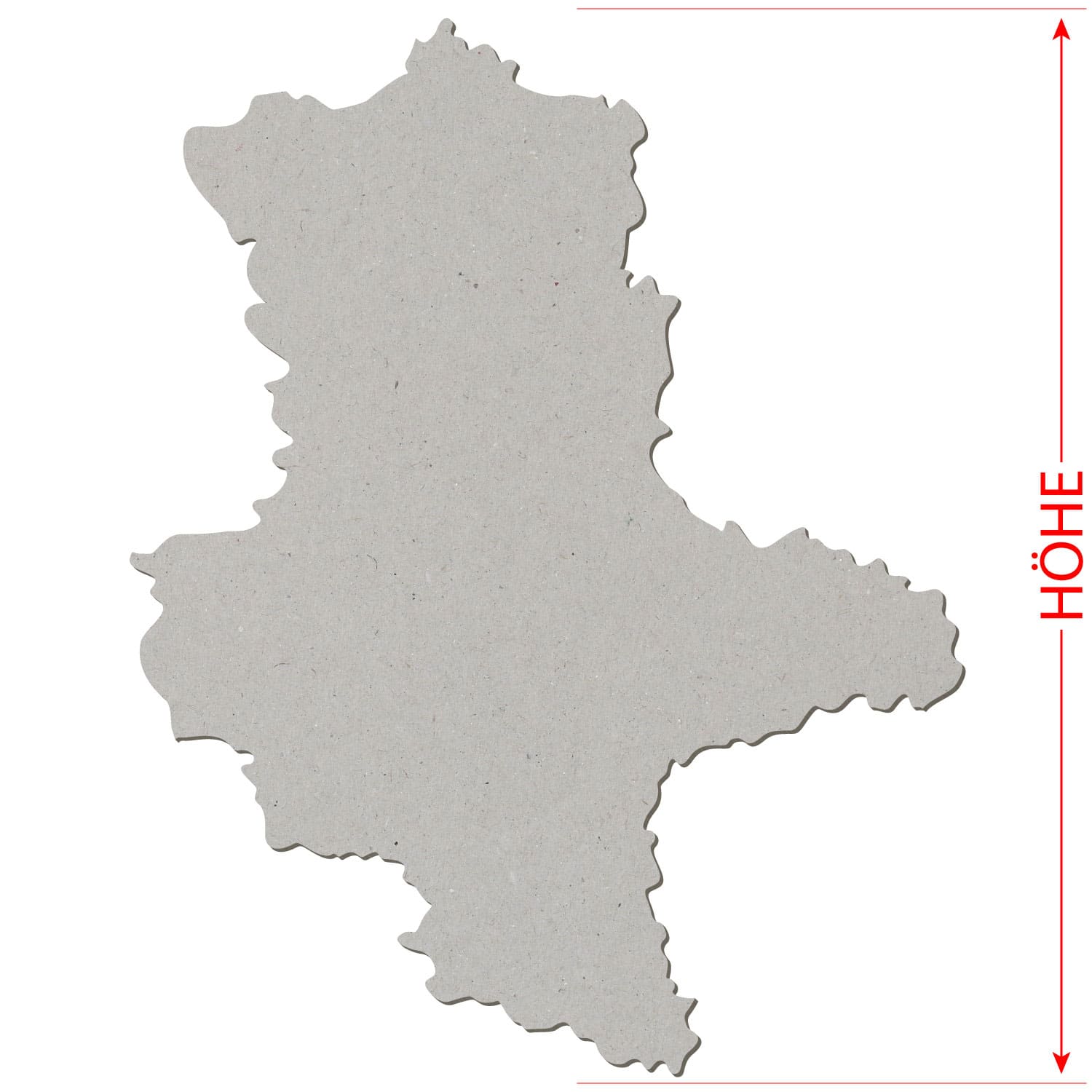 Grauer Pappe-Zuschnitt in der Form des deutschen Bundeslandes Sachsen-Anhalt mit rotem Doppelpfeil und Beschriftung „HÖHE" auf weißem Hintergrund.
