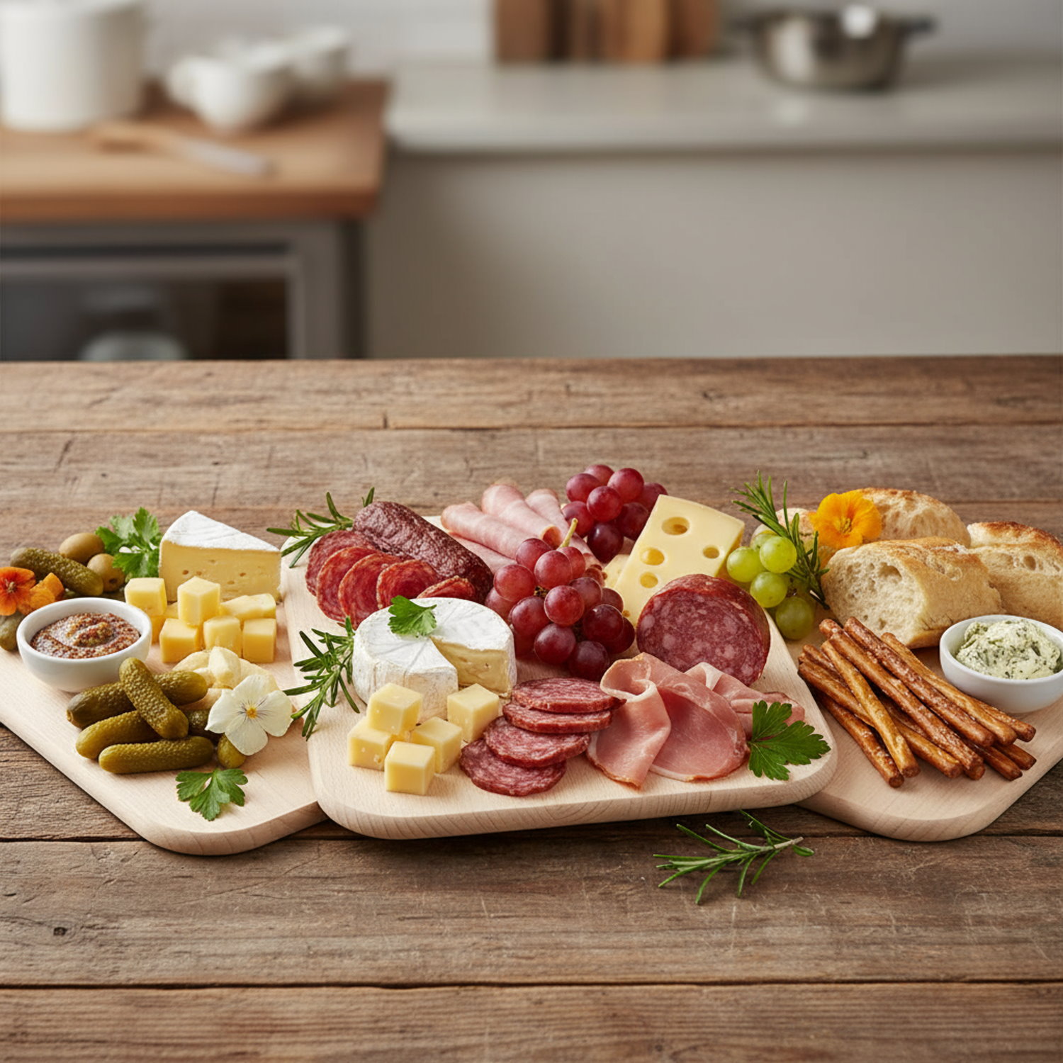 Schneidebrett aus Buchenholz in der Küche mit belegt mit Wurst, Käse, Obst und Gemüse