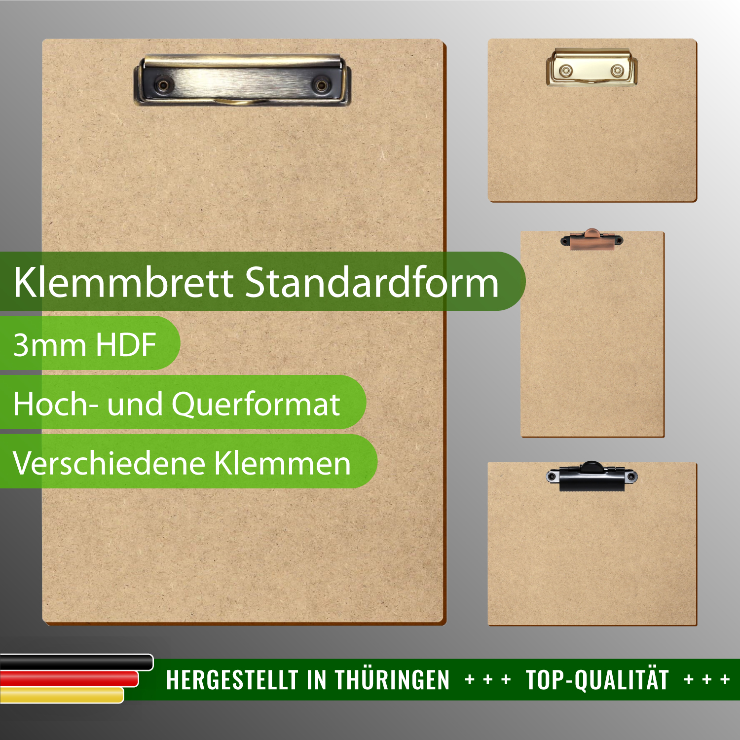 Klemmbrett Standardform HDF mit Produktinfos
