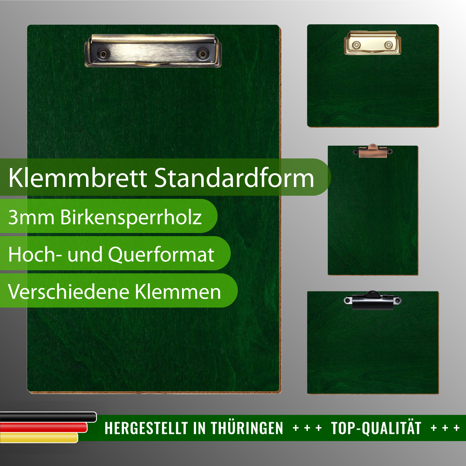 Klemmbrett Standardform Dunkelgrün mit Produktinfos