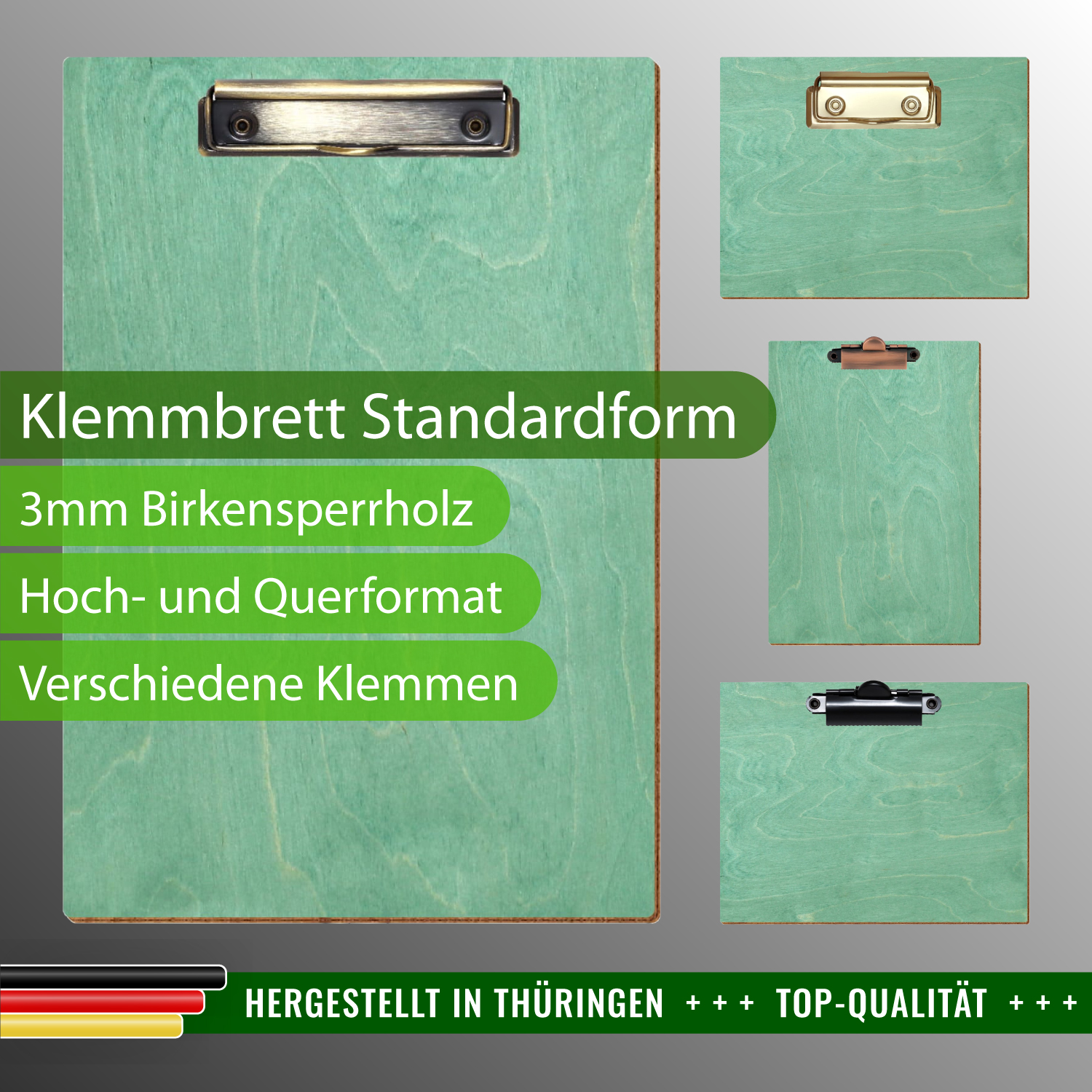 Klemmbrett Standardform Minzgrün mit Produktinfos