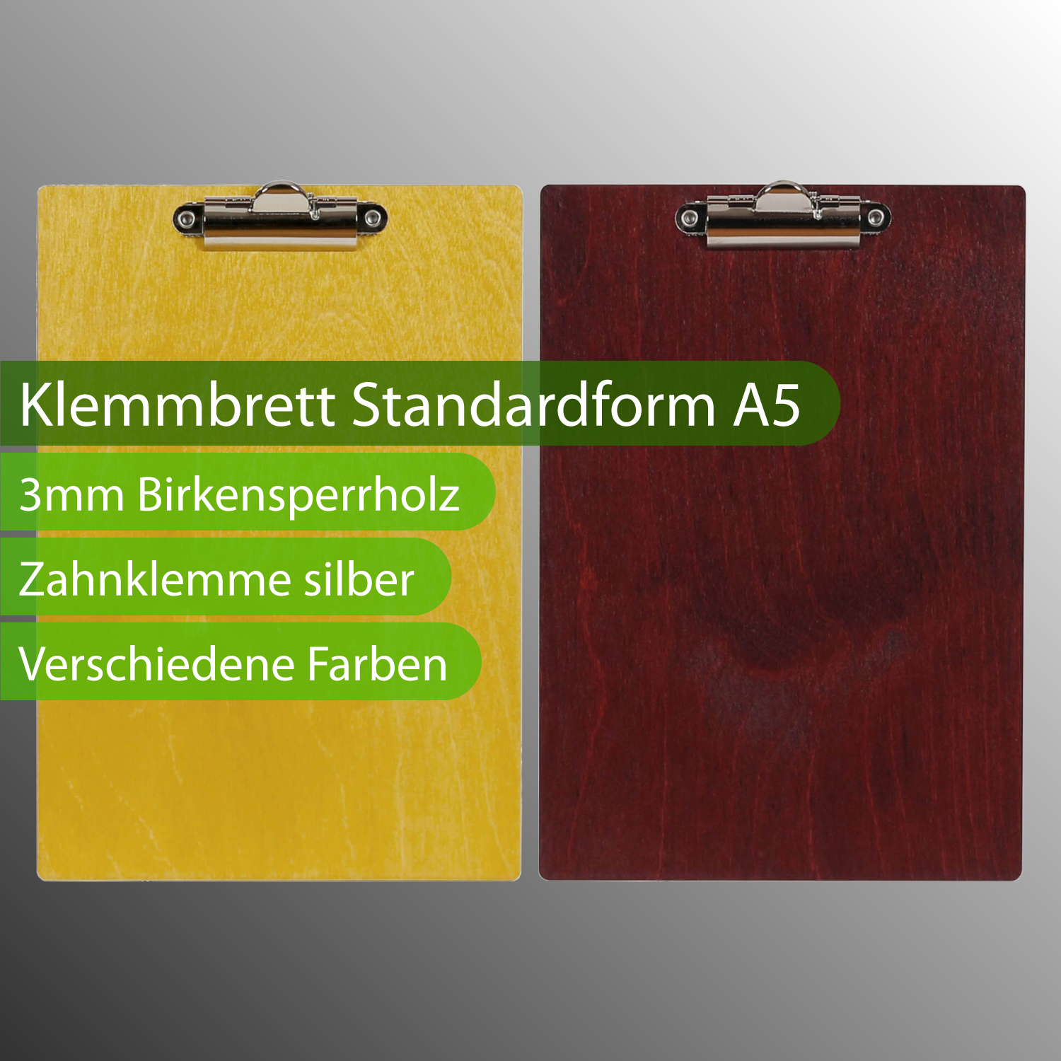 Klemmbrett Standardform A5 mit Produktinfos