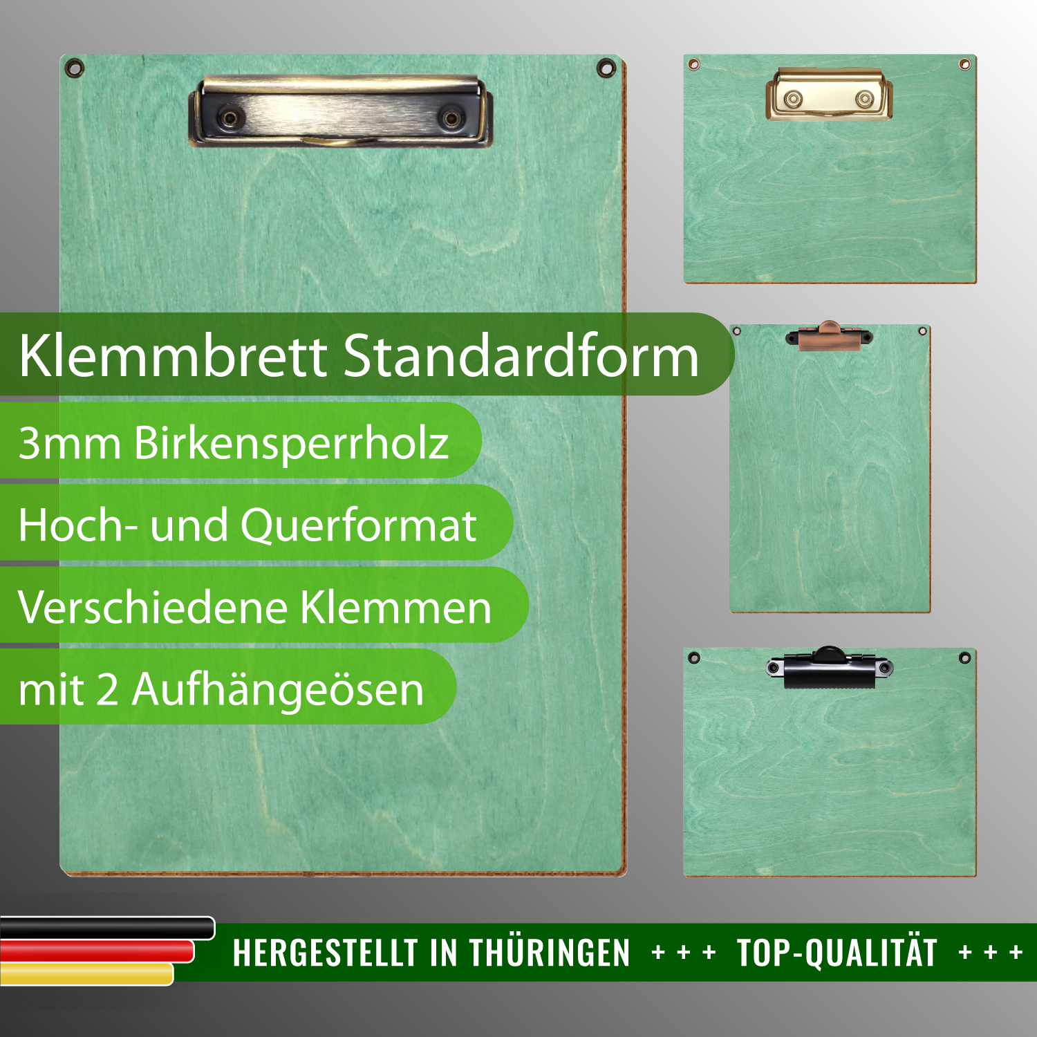 Klemmbrett Standardform Minzgrün mit 2 Ösen & Produktinfos