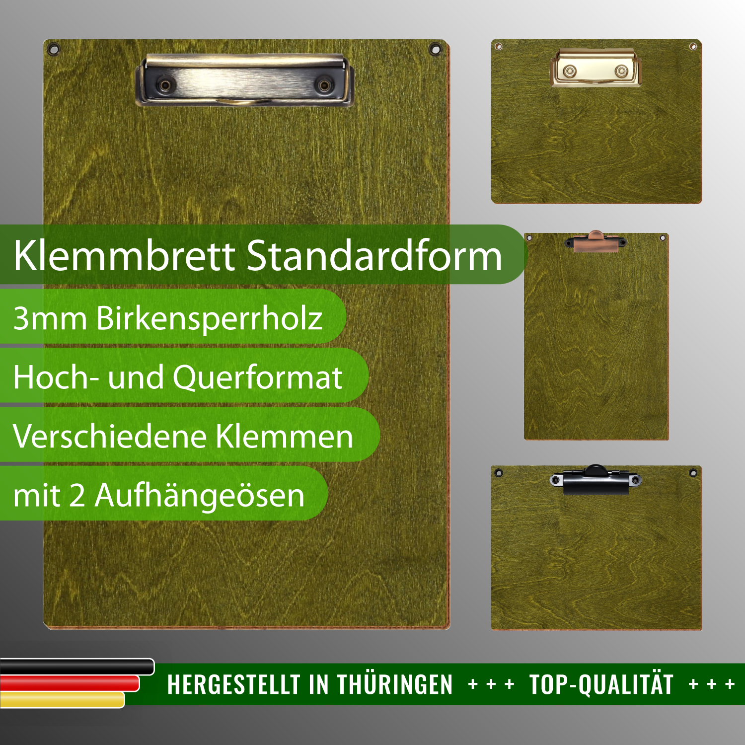 Klemmbrett Standardform Olivgrün mit 2 Ösen & Produktinfos