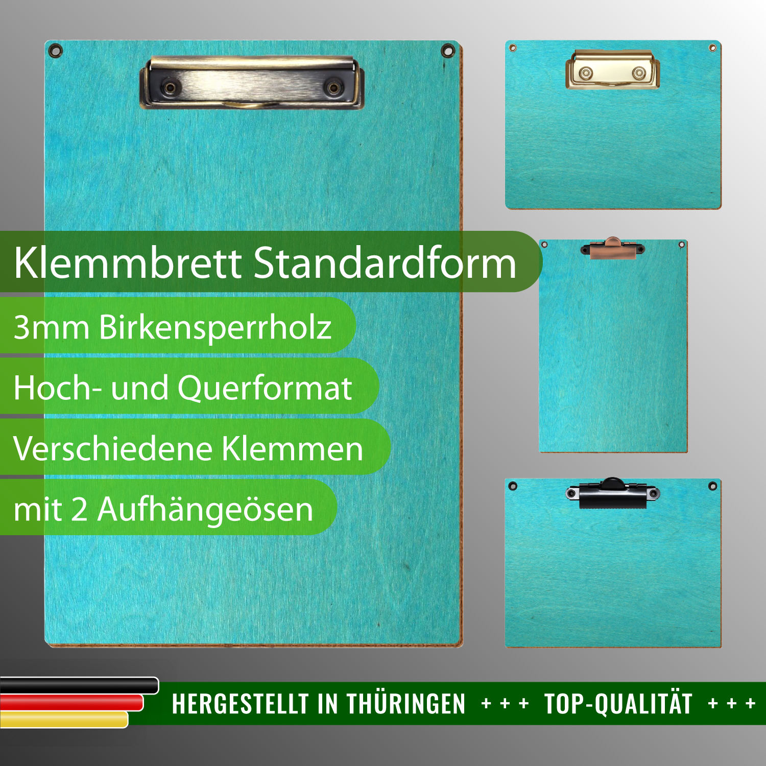 Klemmbrett Standardform Türkis mit 2 Ösen & Produktinfos