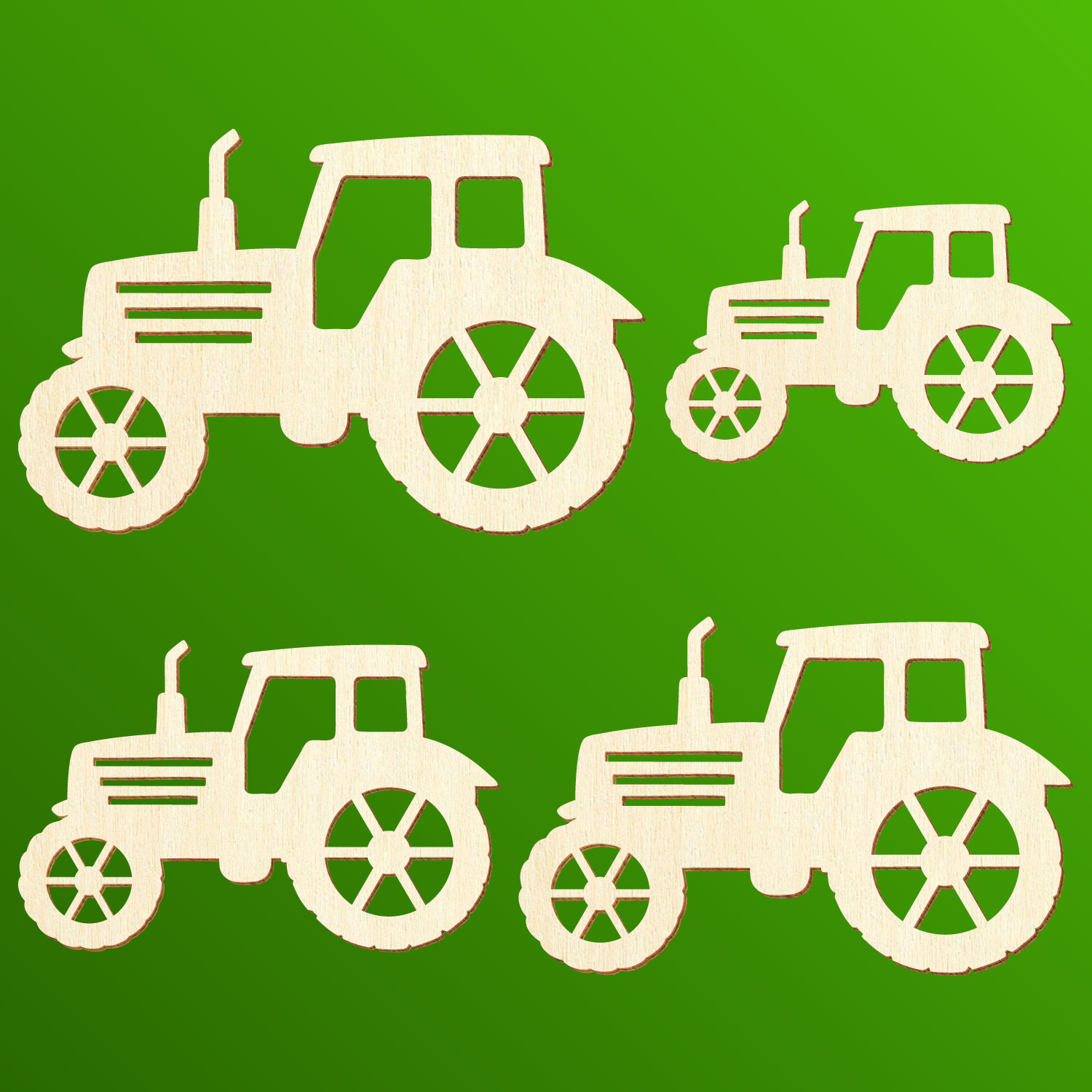 Holz Zuschnitt Traktor V4 Gruppenbild mit grünem Hintergrund