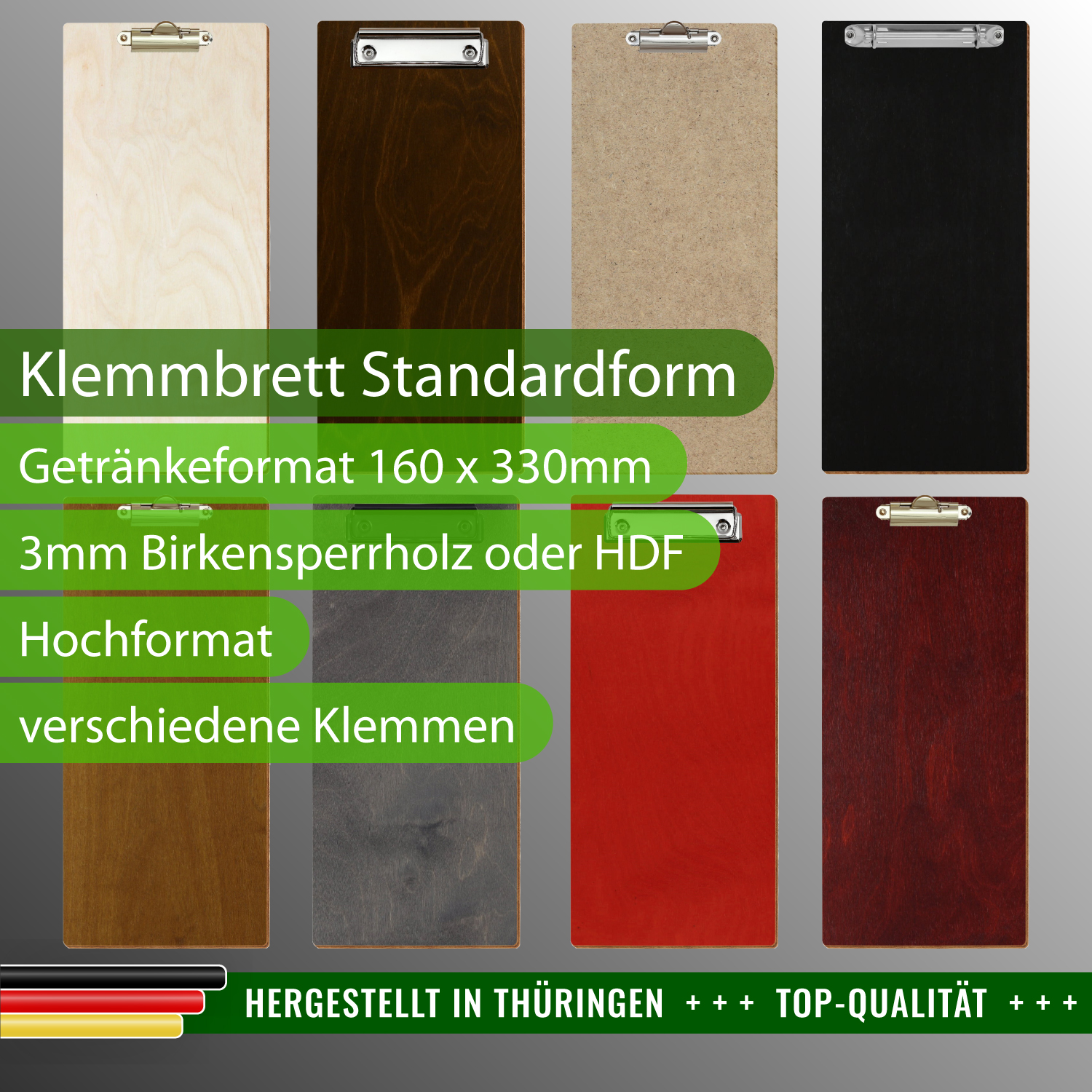 Klemmbrett Getränkekarte Standardform mit Produktinfos