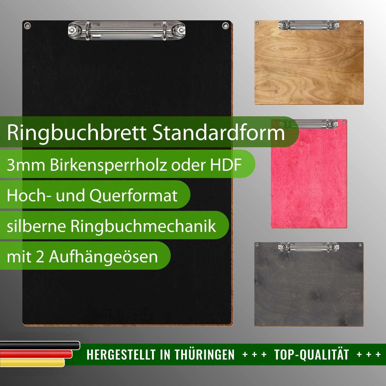 Farbiges Ringbuchbrett Standardform mit 2 Ösen & Produktinfos