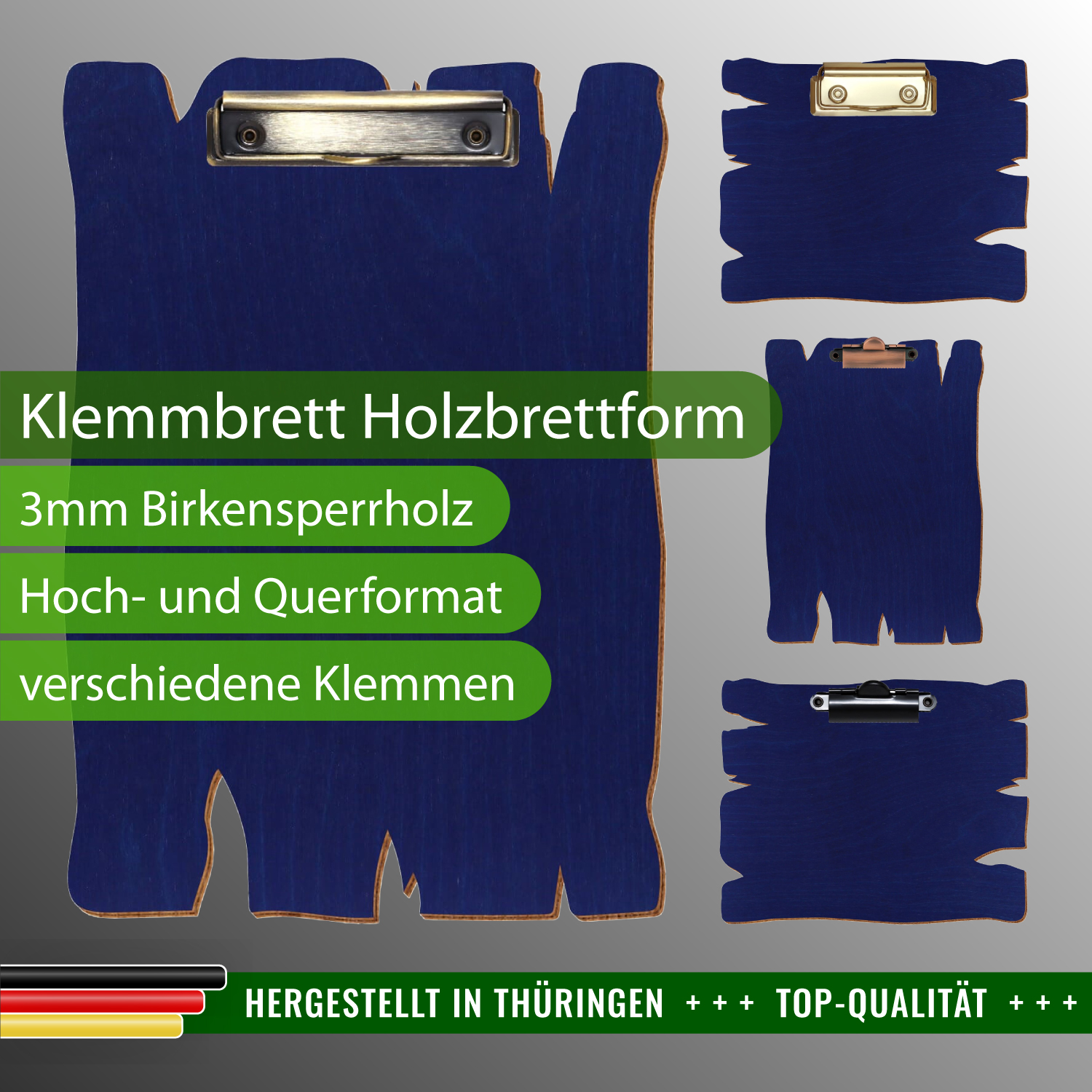 Klemmbrett Holzbrettform Dunkelblau mit Produktinfos