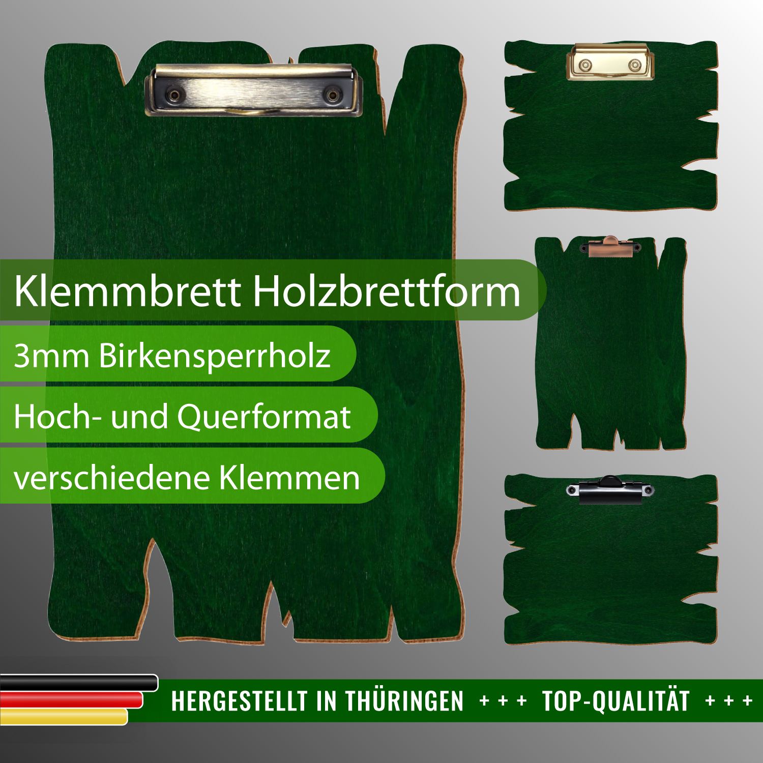 Klemmbrett Holzbrettform Dunkelgrün mit Produktinfos