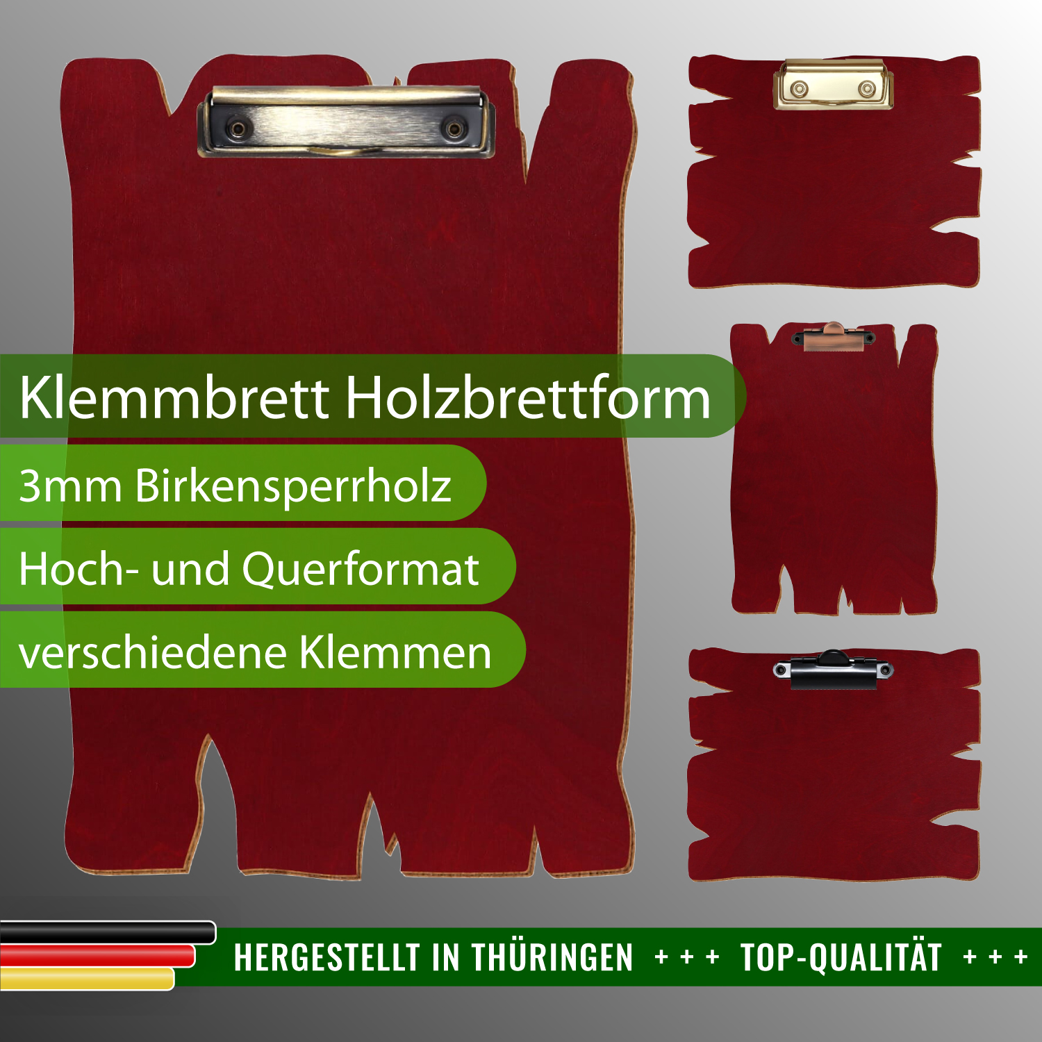 Klemmbrett Holzbrettform Dunkelrot mit Produktinfos