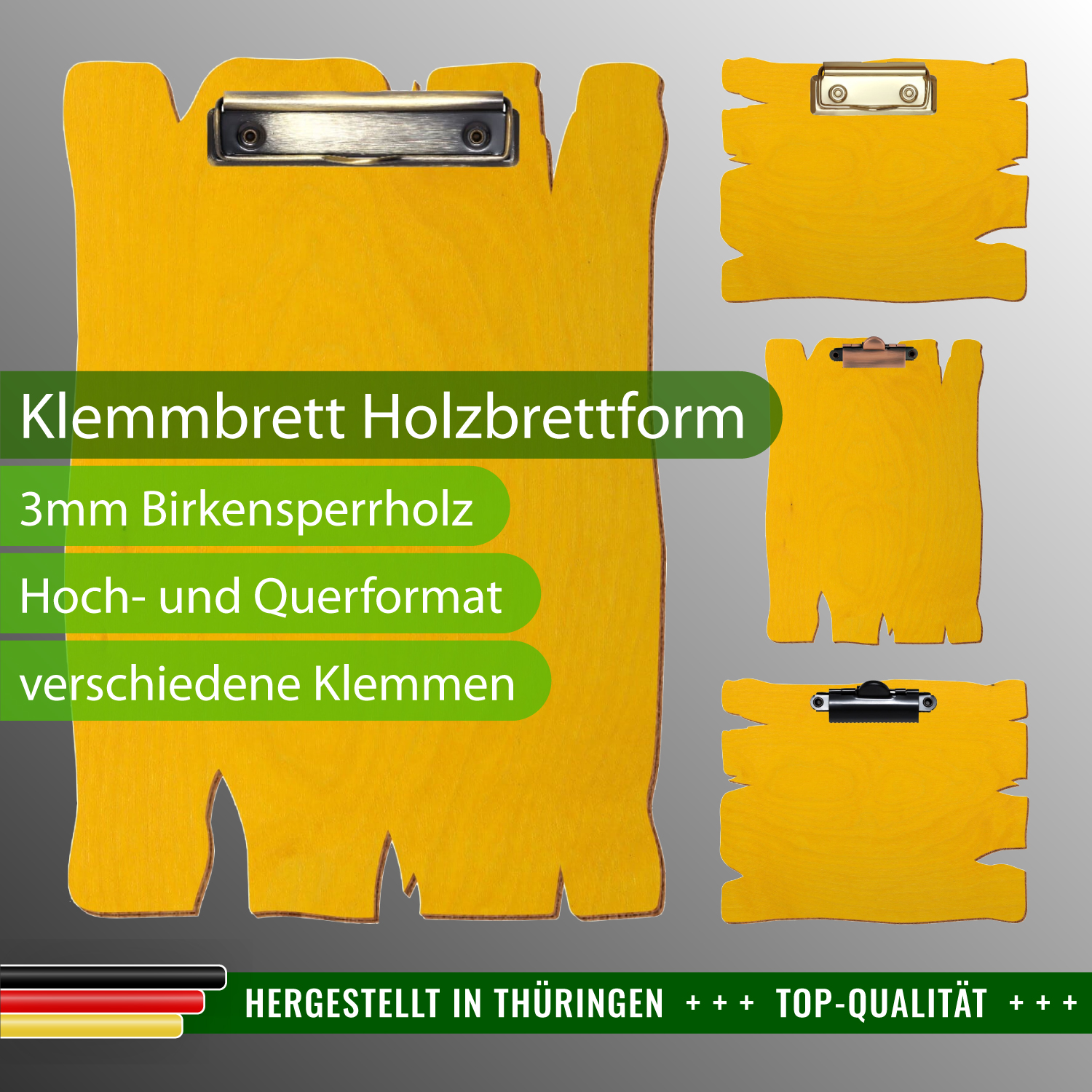 Klemmbrett Holzbrettform Gelb mit Produktinfos