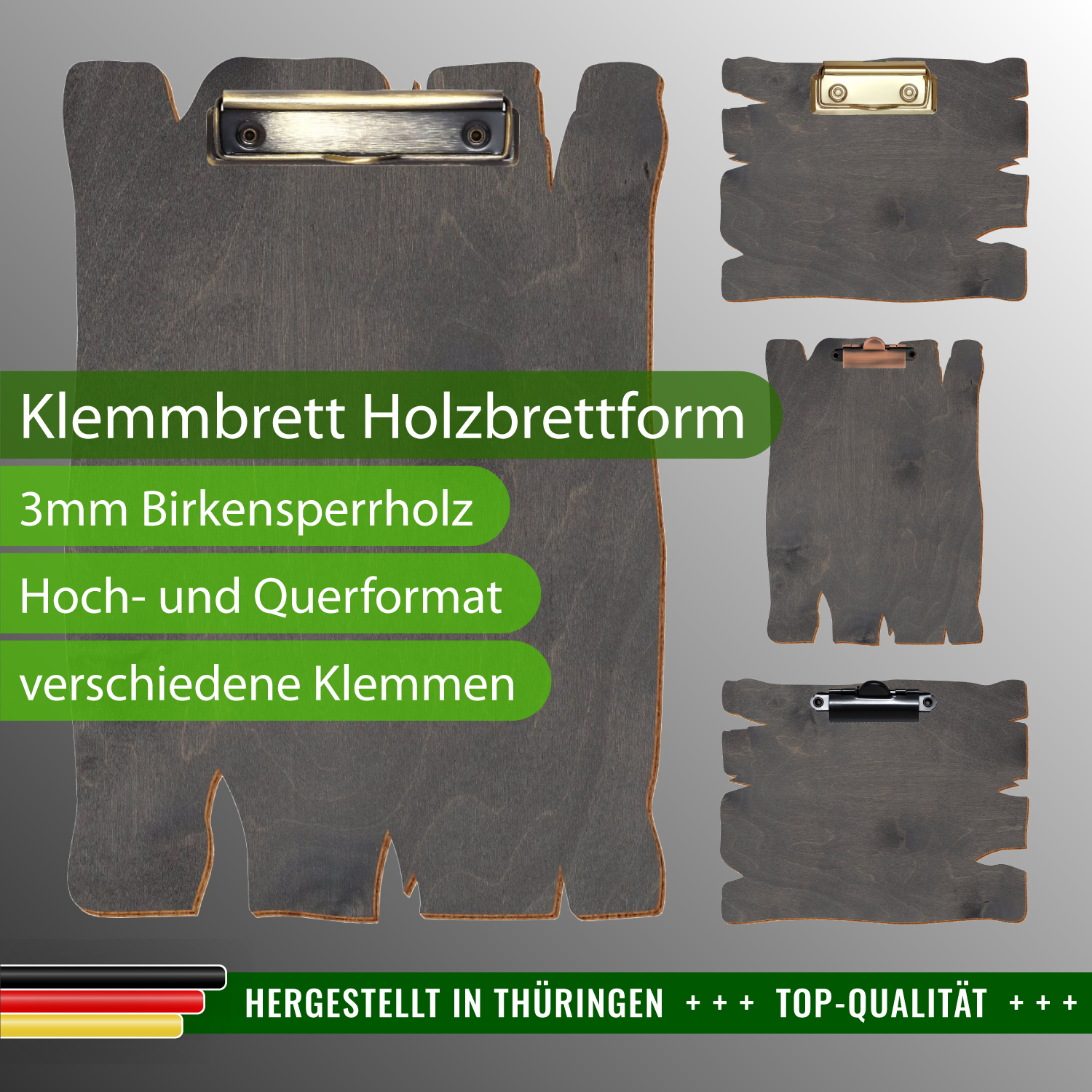 Klemmbrett in Holzbrettform Grau