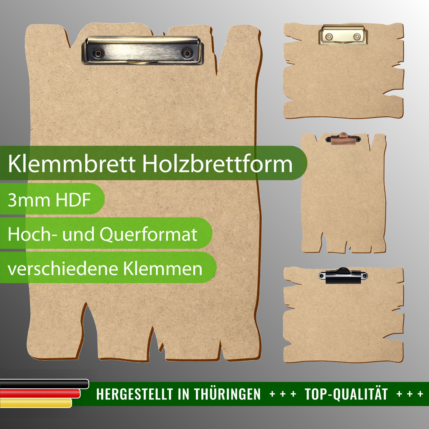 Klemmbrett Holzbrettform HDF mit Produktinfos