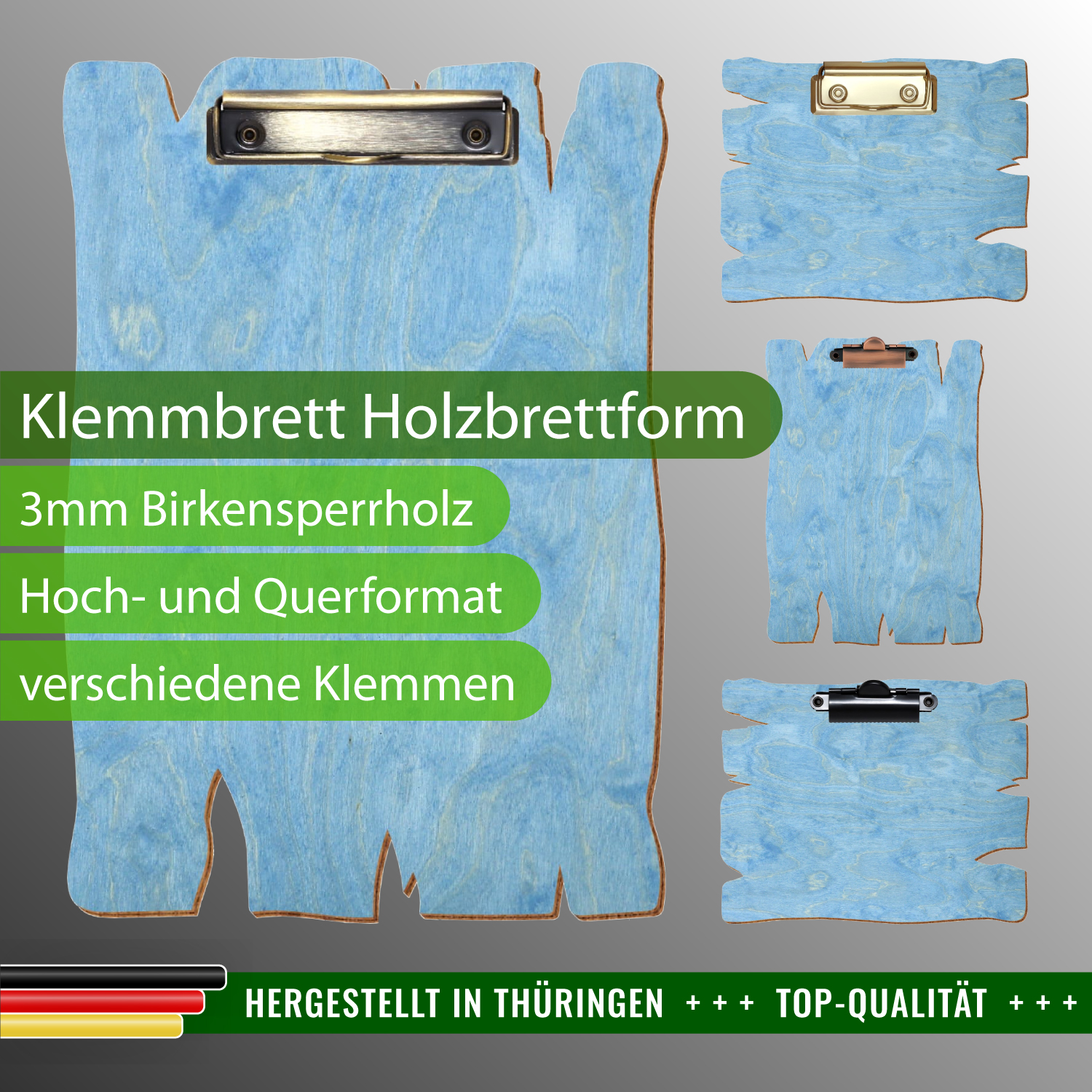 Klemmbrett Holzbrettform Hellblau mit Produktinfos