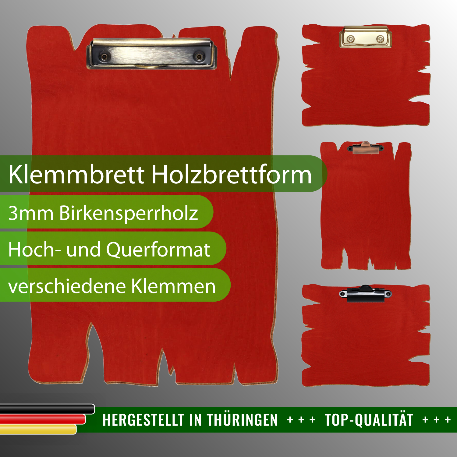 Klemmbrett Holzbrettform Rot mit Produktinfos