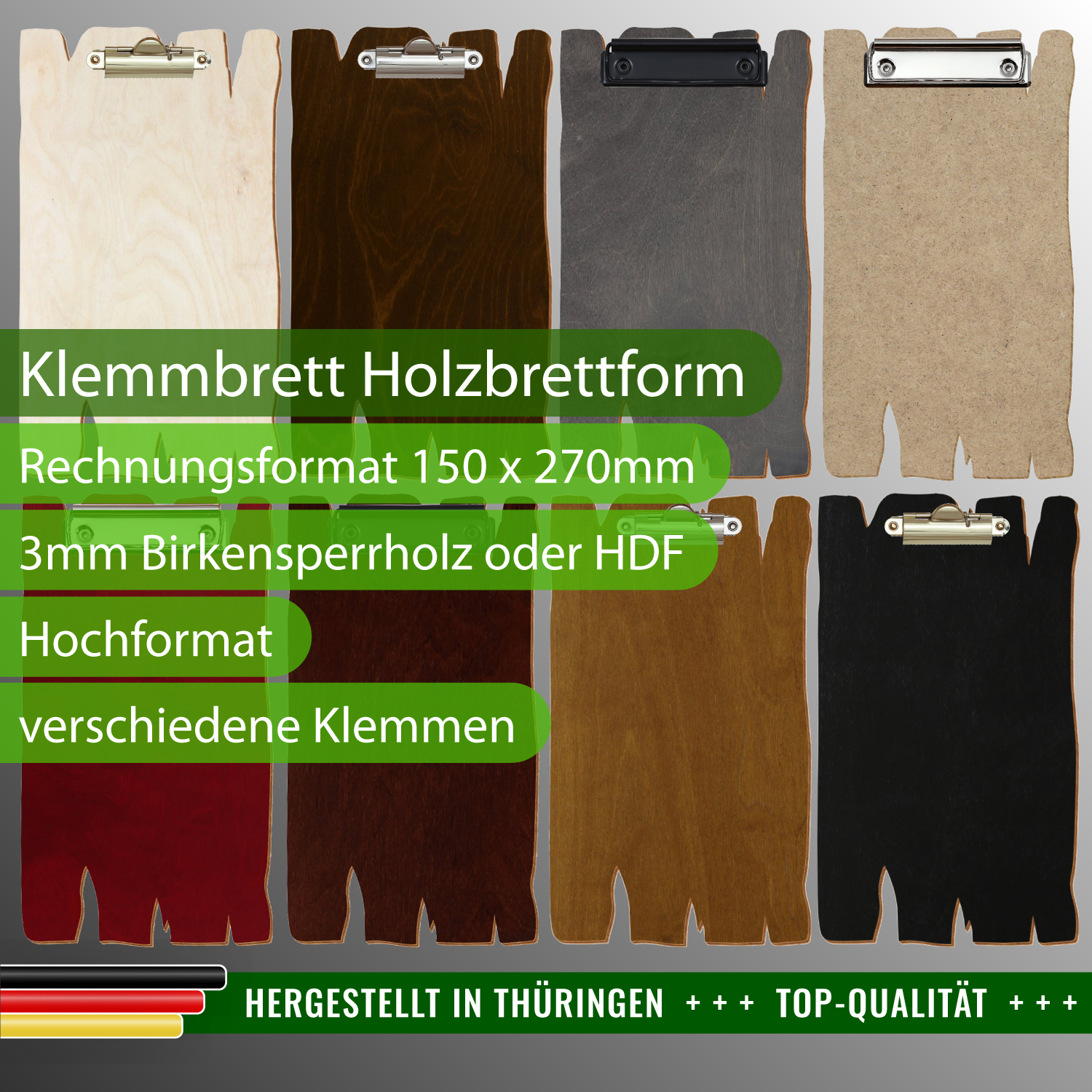 Farbiges Klemmbrett Holzbrettform im Rechnungsformat mit Produktinfos