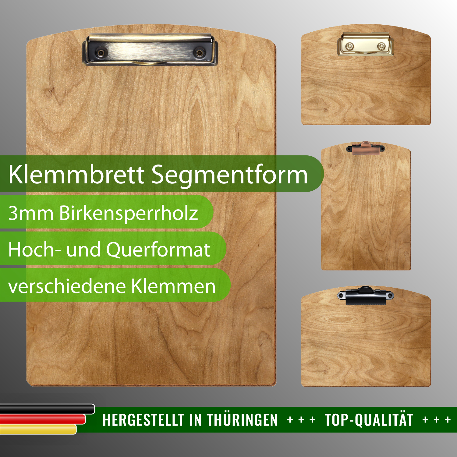 Klemmbrett Segmentform Birke rustikal mit Produktinfos