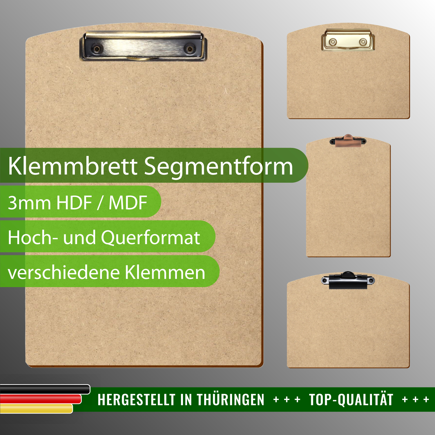 Klemmbrett Segmentform HDF mit Produktinfos