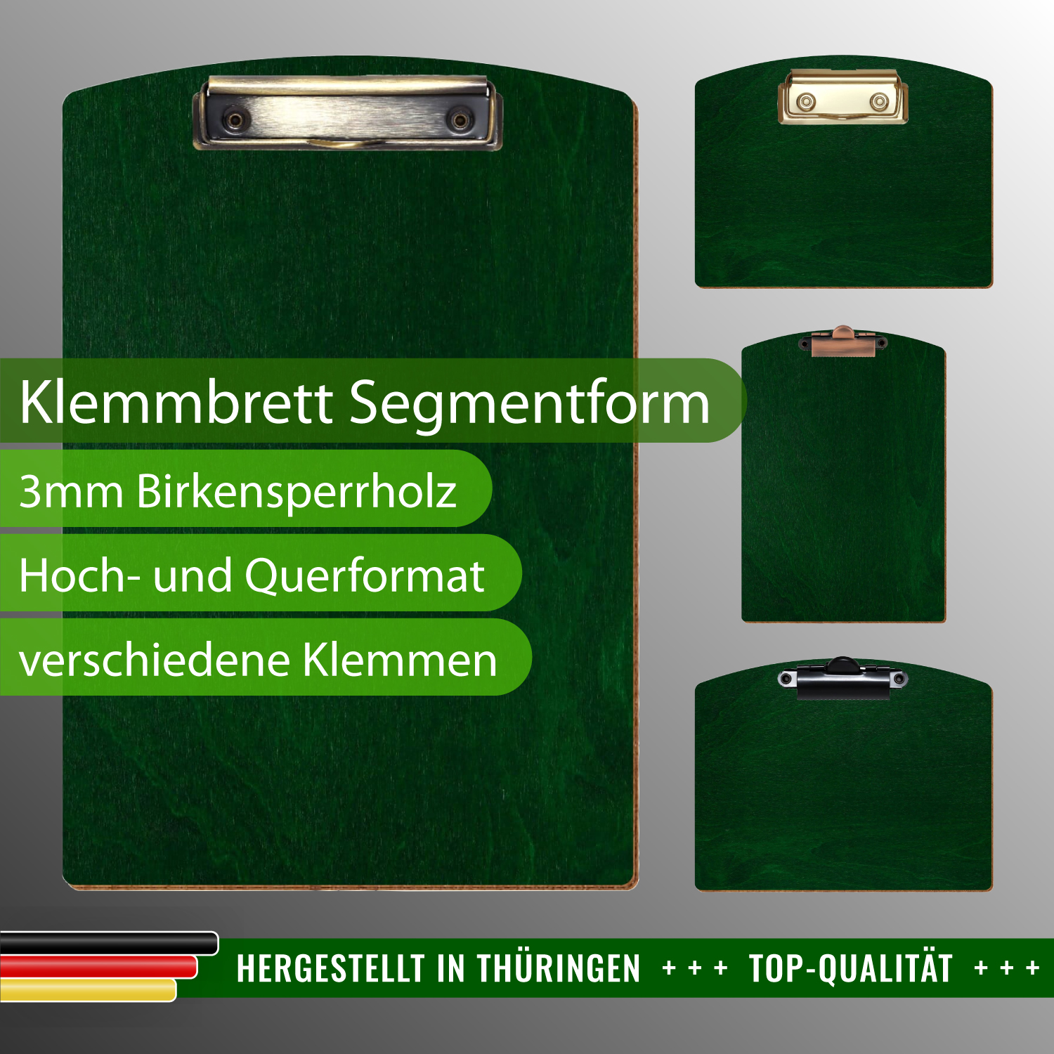 Klemmbrett Segmentform Dunkelgrün mit Produktinfos
