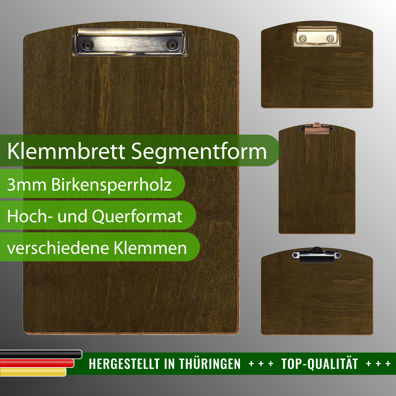 Klemmbrett Segmentform Haselnuss mit Produktinfos
