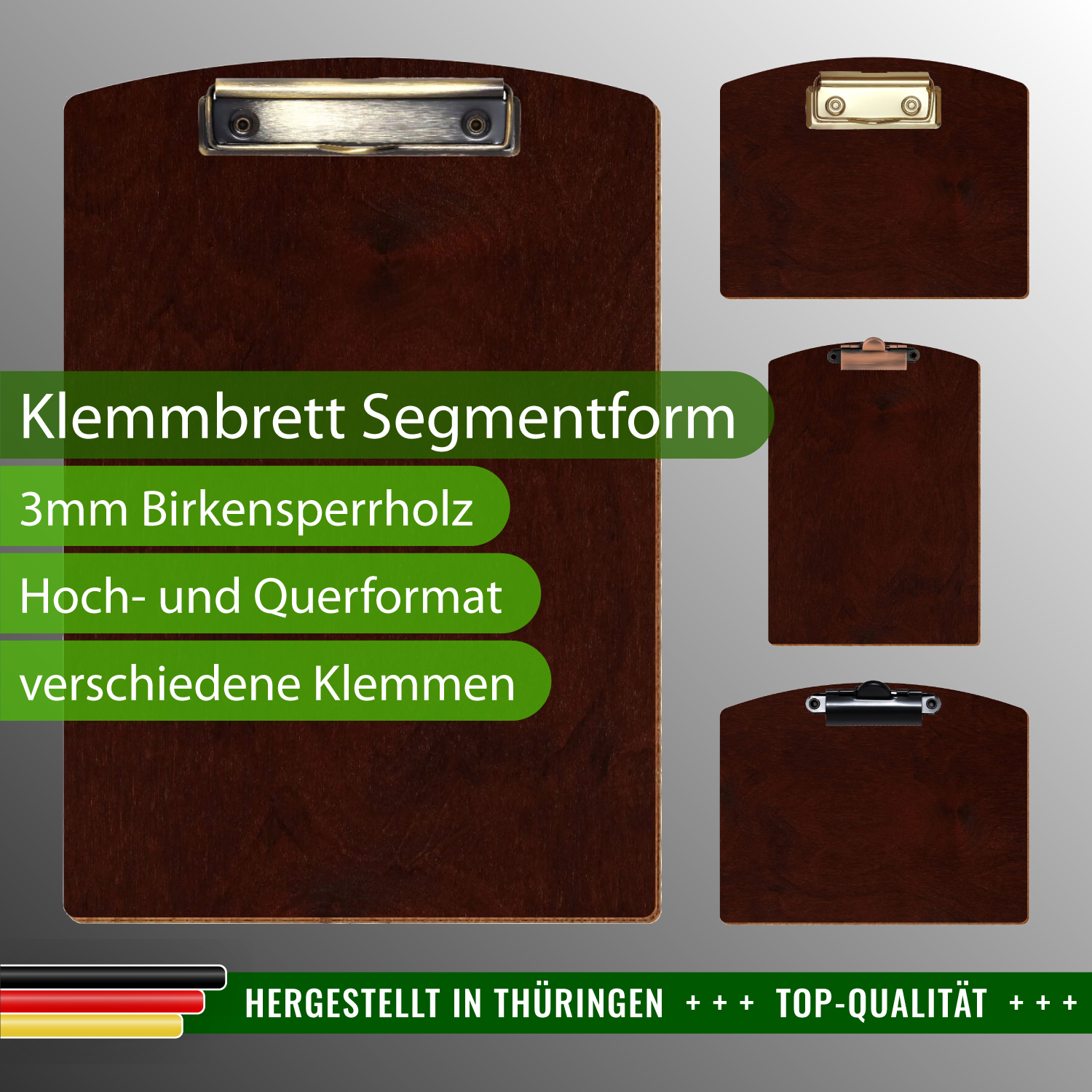 Klemmbrett Segmentform Nussbaum dunkel mit Produktinfos