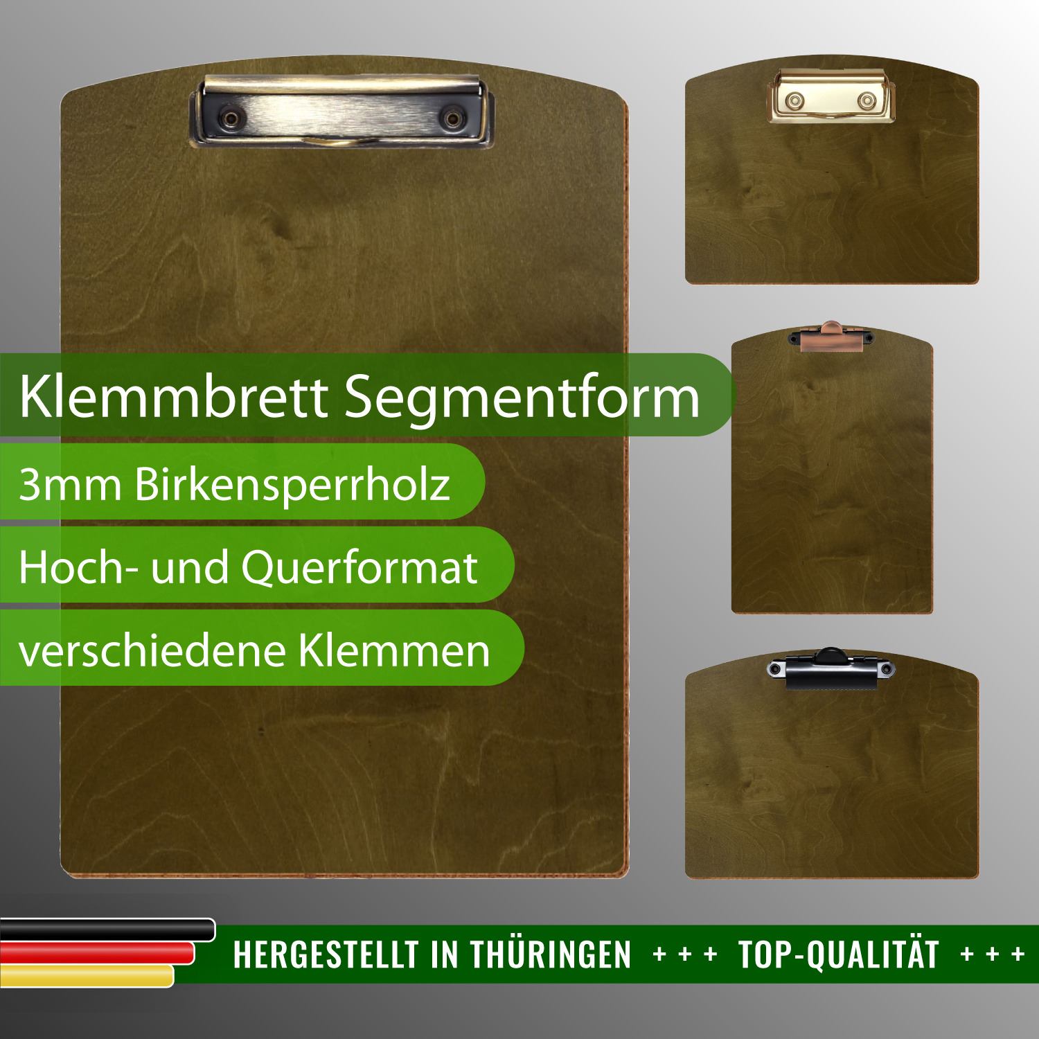 Klemmbrett Segmentform Nussbaum hell mit Produktinfos