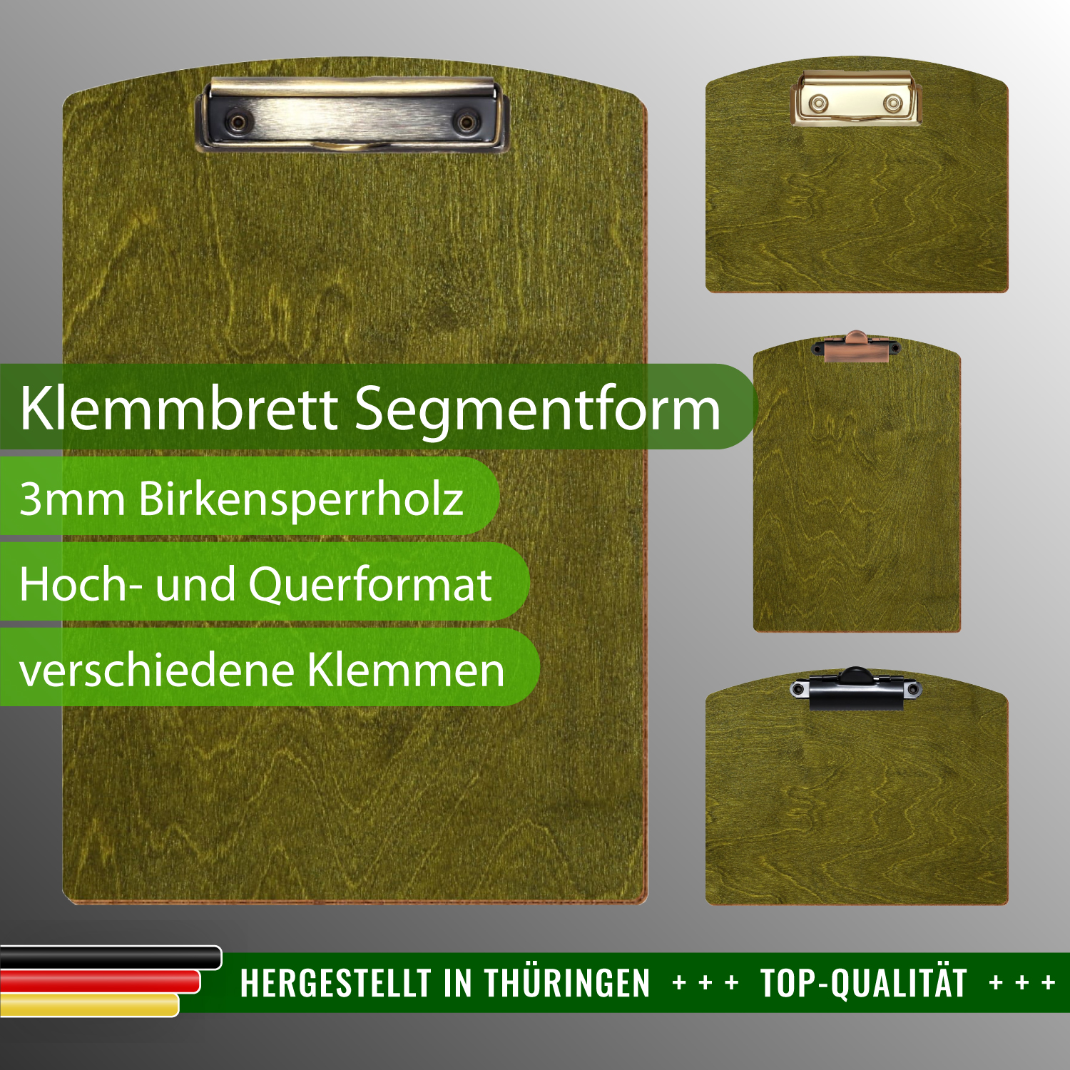 Klemmbrett Segmentform Olivgrün mit Produktinfos