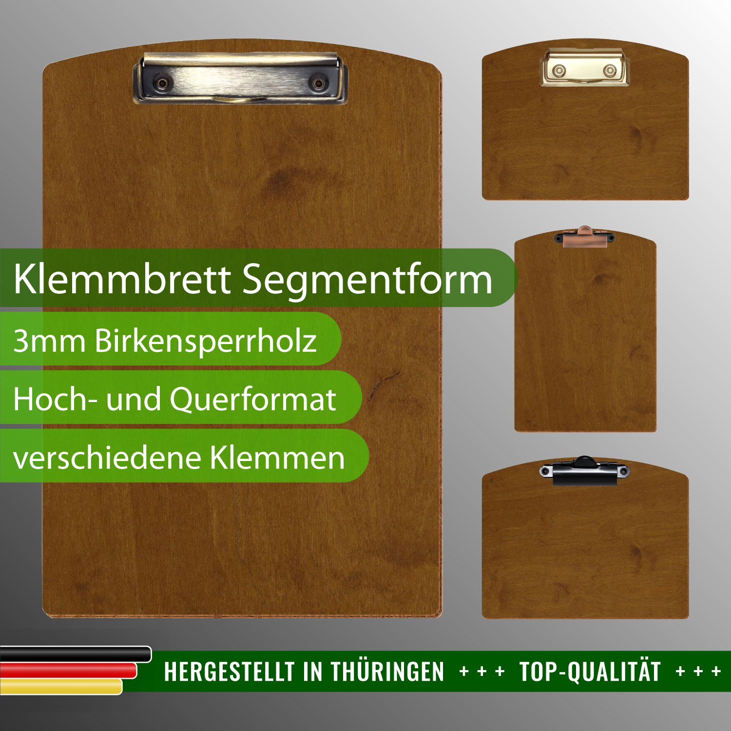Klemmbrett Segmentform Teak mit Produktinfos
