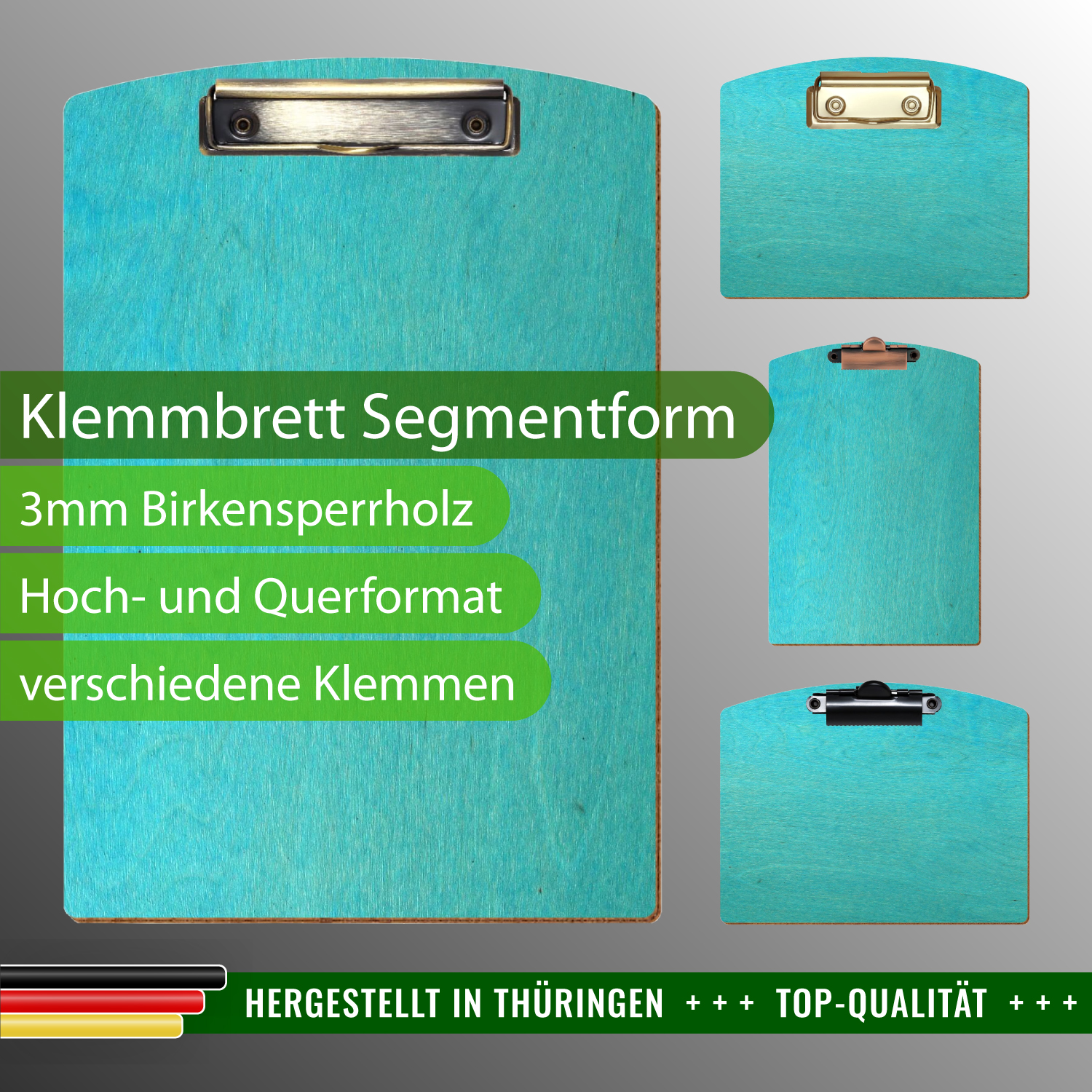 Klemmbrett Segmentform Türkis mit Produktinfos