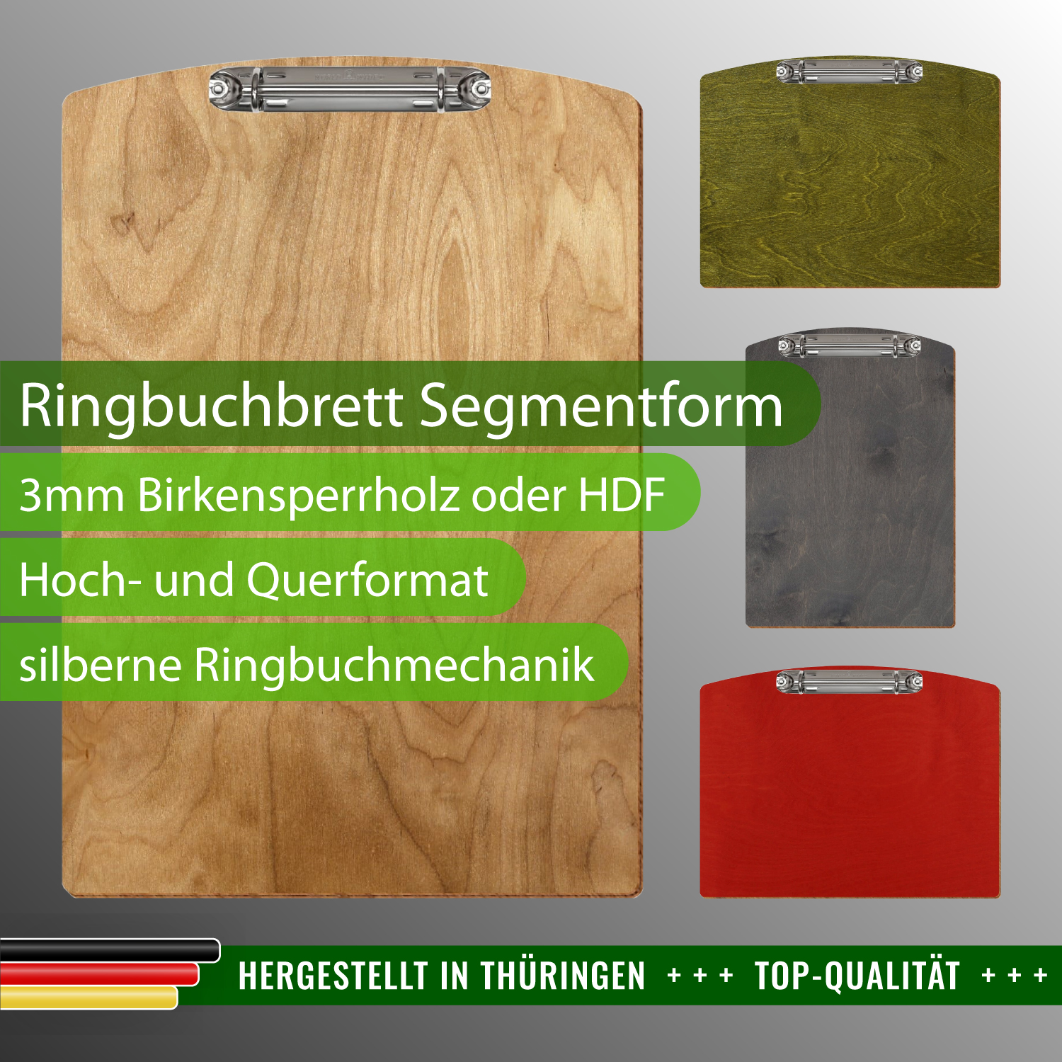 Farbiges Ringbuchbrett Segmentform mit Produktinfos