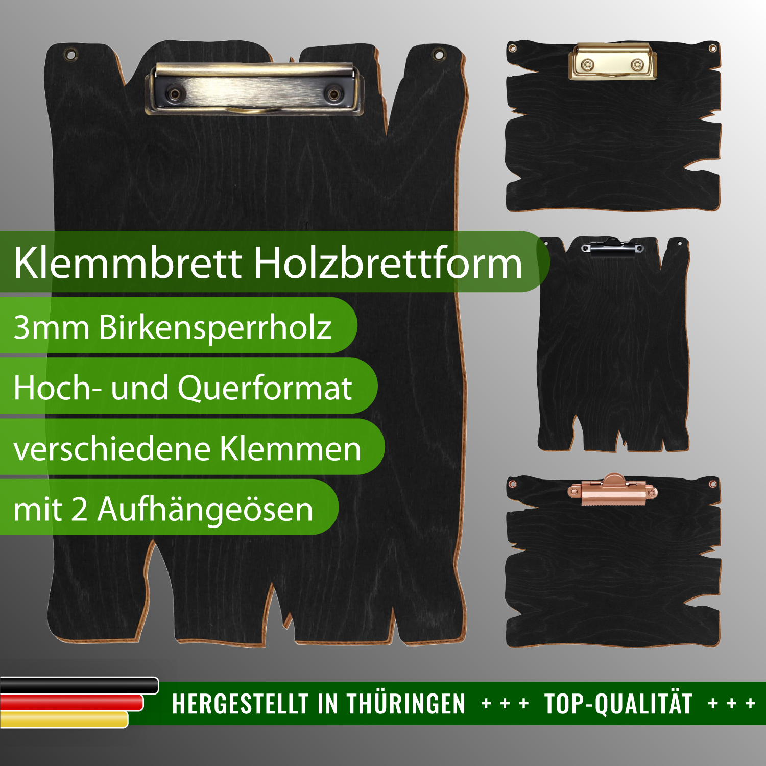 Klemmbrett Holzbrettform Anthrazit mit 2 Ösen mit Produktinfos