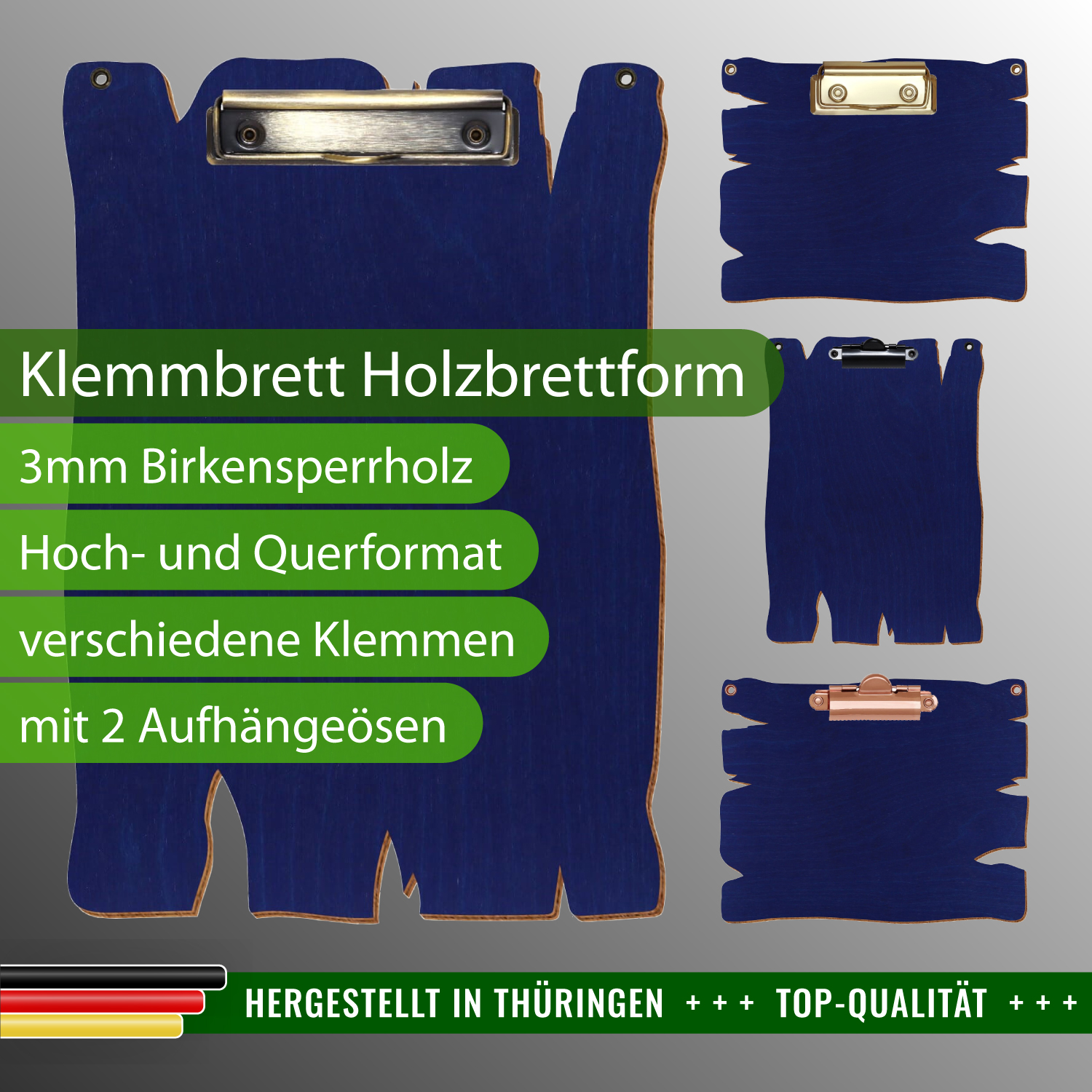 Klemmbrett Holzbrettform Dunkelblau mit 2 Ösen mit Produktinfos