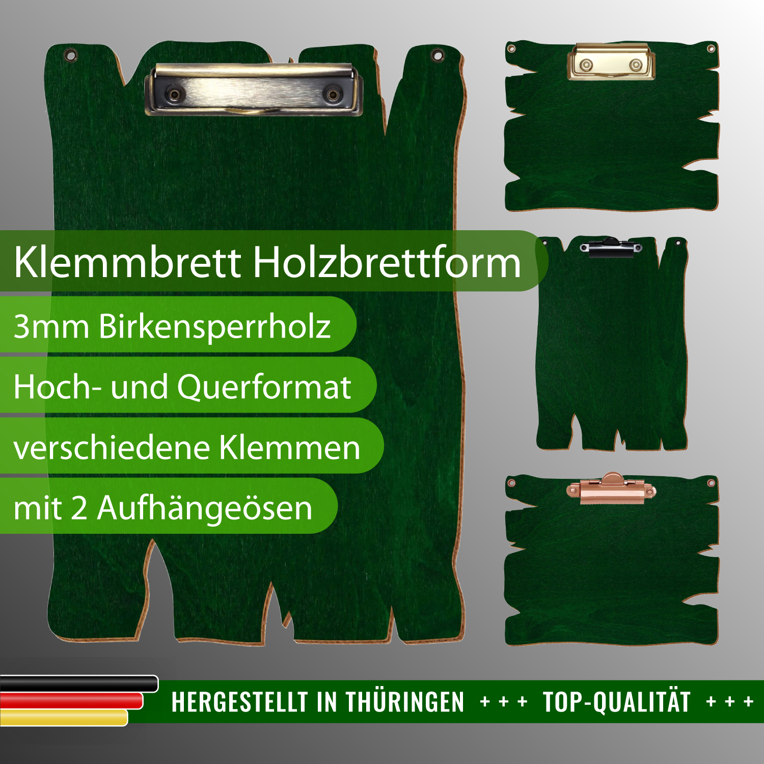 Klemmbrett Holzbrettform Dunkelgrün mit 2 Ösen mit Produktinfos