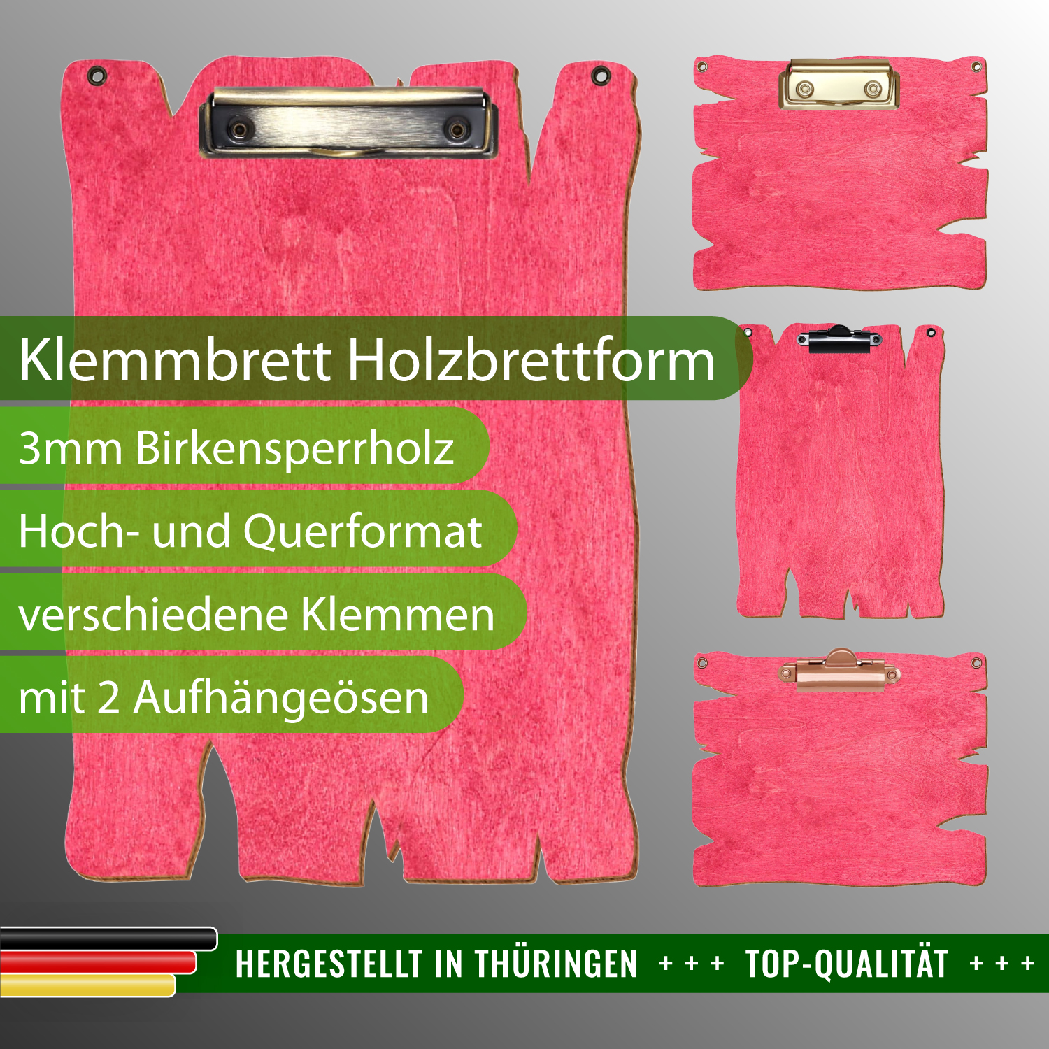 Klemmbrett Holzbrettform Dunkelpink mit 2 Ösen mit Produktinfos