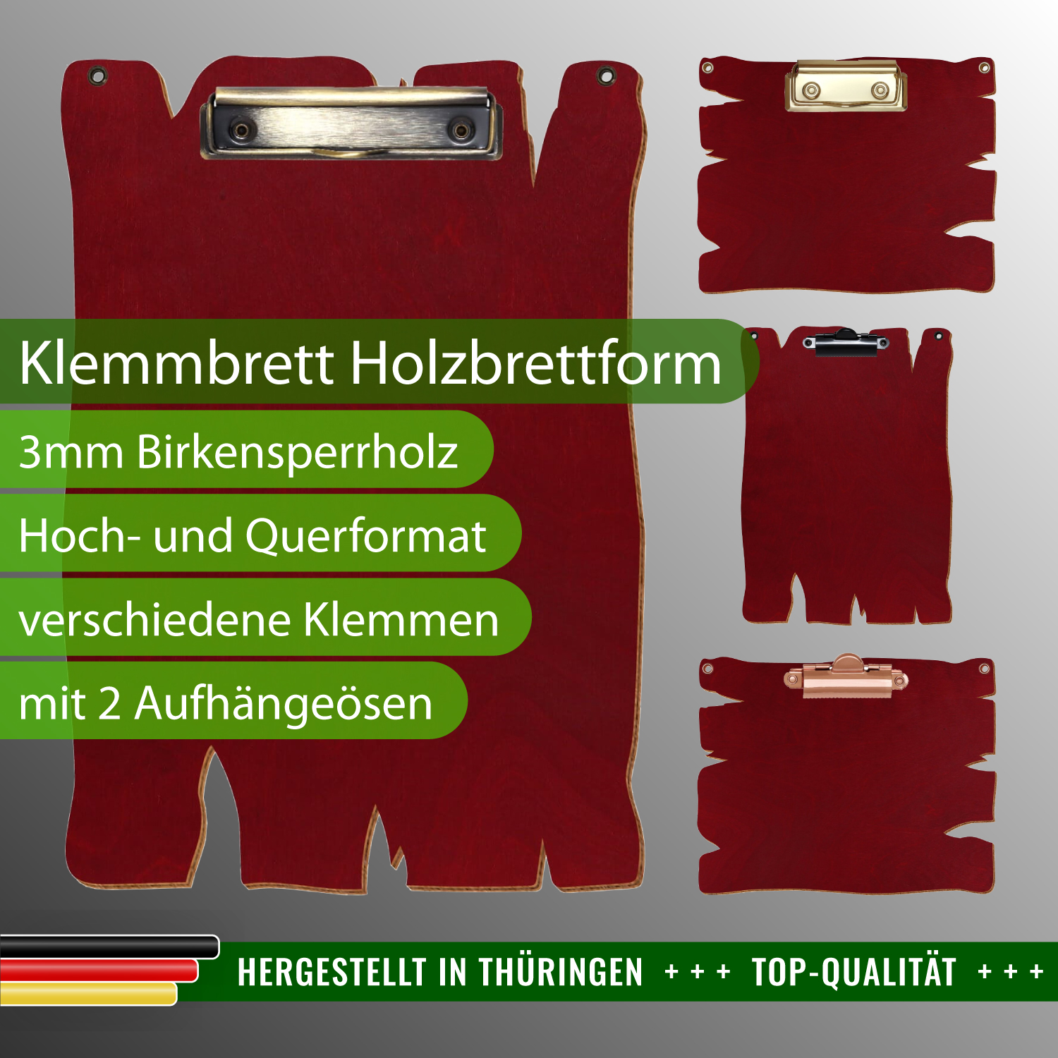 Klemmbrett Holzbrettform Dunkelrot mit 2 Ösen mit Produktinfos