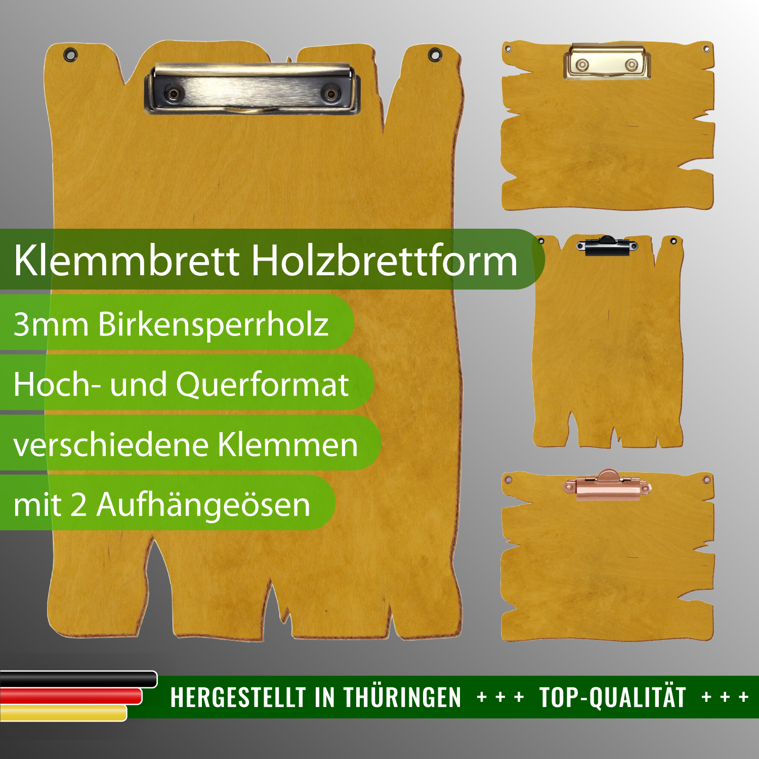 Klemmbrett Holzbrettform Eiche hell mit Ösen