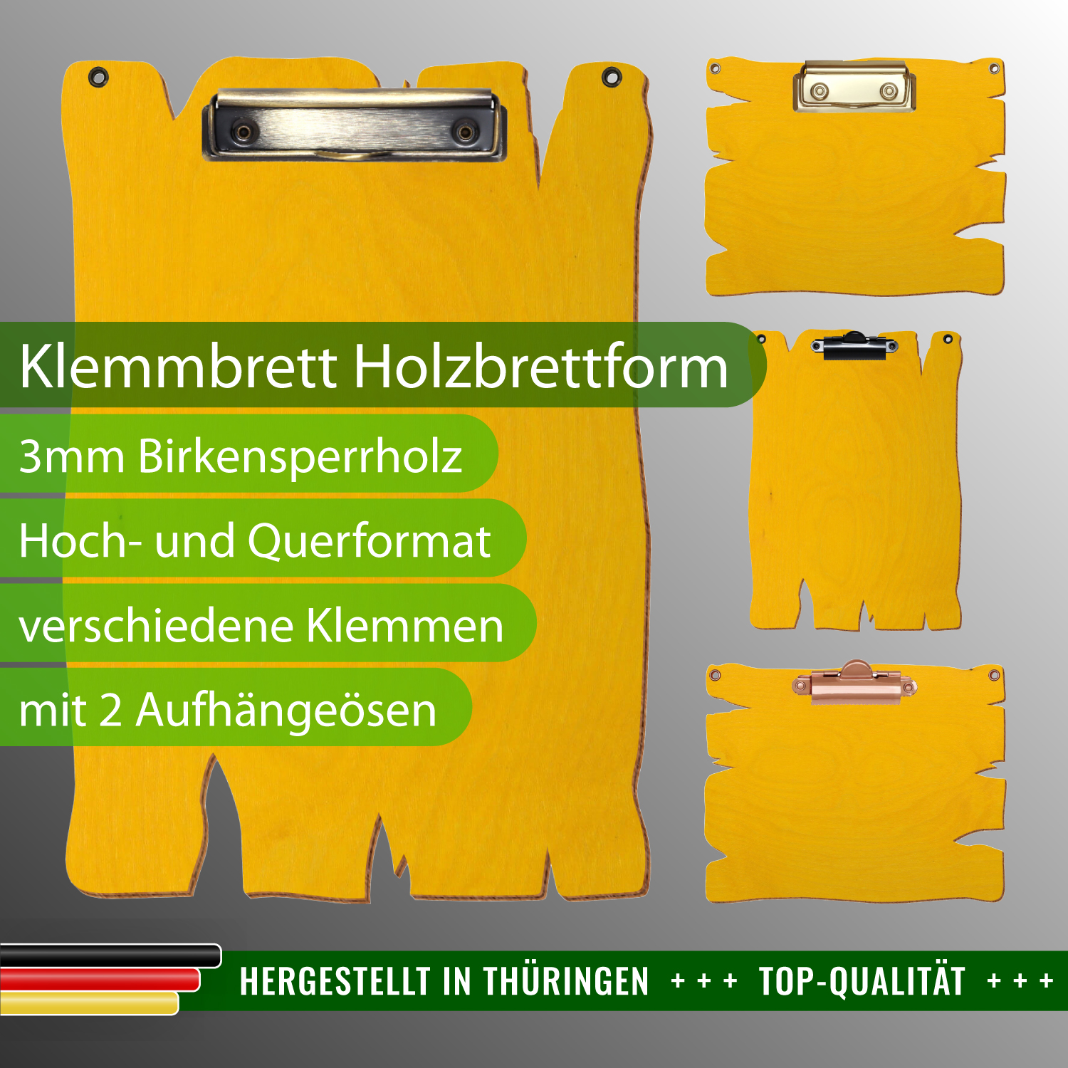 Klemmbrett Holzbrettform Gelb mit 2 Ösen mit Produktinfos
