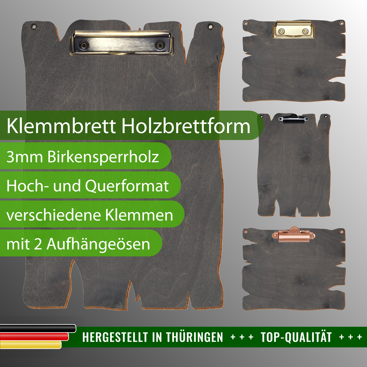 Klemmbrett Holzbrettform Grau mit Ösen