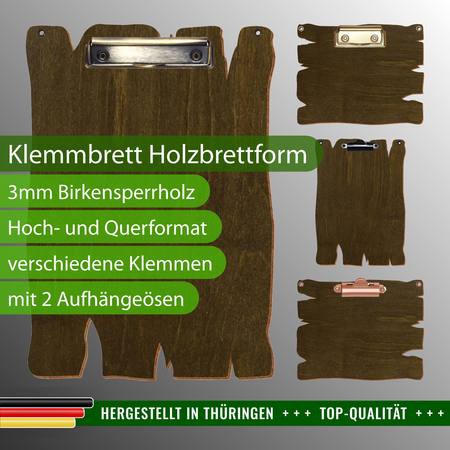 Klemmbrett Holzbrettform Haselnuss mit Ösen