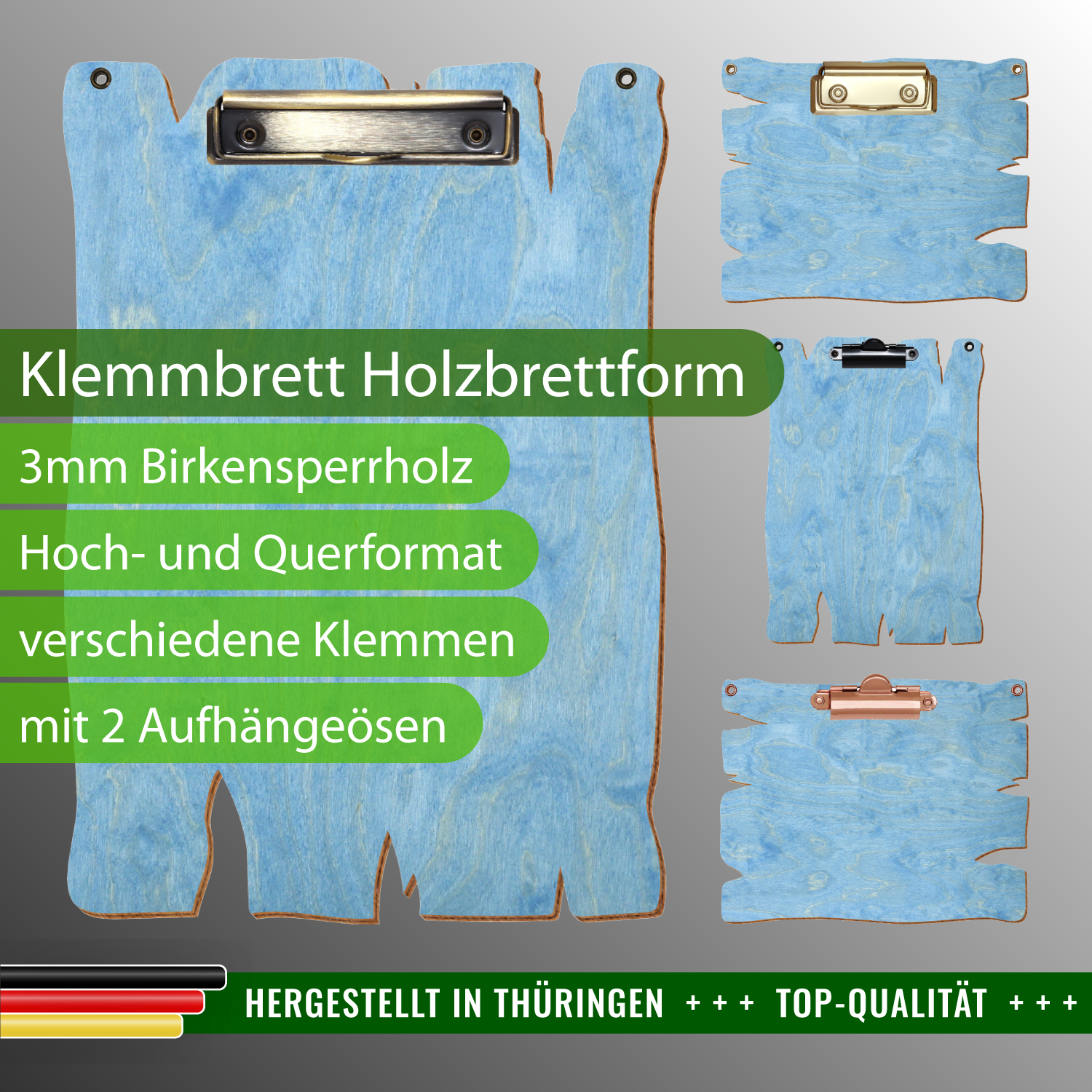 Klemmbrett Holzbrettform Hellblau mit 2 Ösen mit Produktinfos